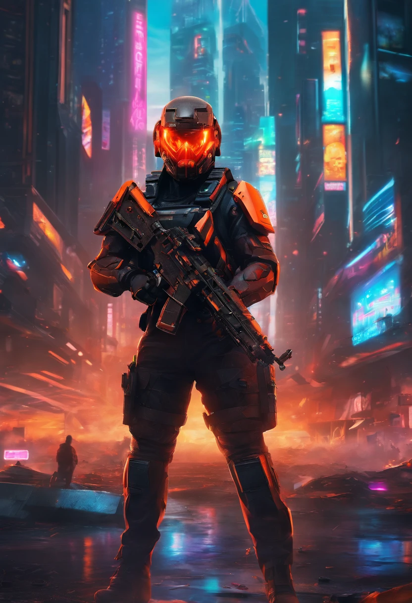 (masterpiece), best quality, expressive eyes, perfect face, perfect body, perfect arms, perfect legs, perfect hands 4k quality a male tech soldier dressed in black and red techwear shooting on a battlefield, at war, with mechas (gundam) (Armored Core) mechs flying in the air over the battlefield, (action sequence,) In a (fight scene) a of high tech hooded woman in an all black jumpsuit and black high heels orange visor and black facemask outfit the camera is a medium shot, wide angle with an anamorphic lens, setting is a hyper futuristic high tech megacity, with buildings exploding and on fire in the background, hi res, ultrasharp 8K high quality, movie, anime, gunfight, large scale battle, ground forces, soldiers, multiple soldiers fighting on a futurist battlefront, large scale war in background, military vehicles