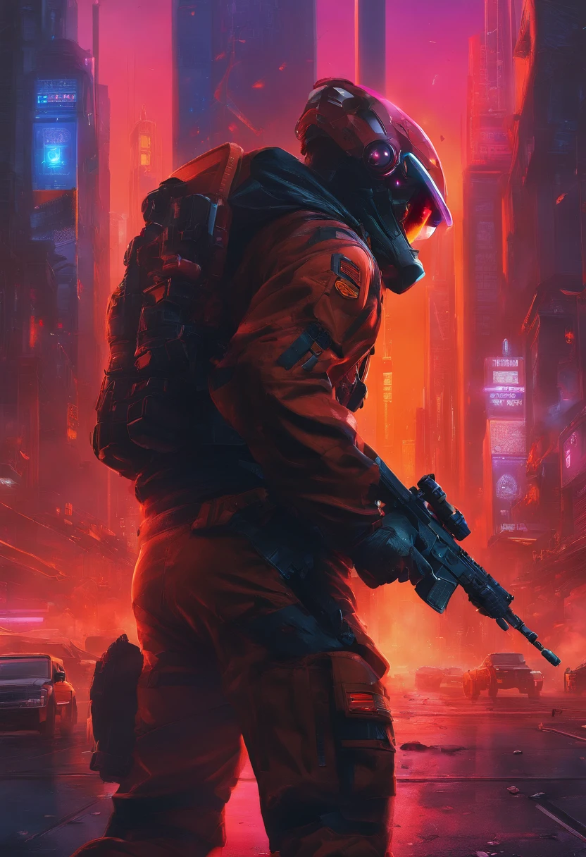 (masterpiece), best quality, expressive eyes, perfect face, perfect body, perfect arms, perfect legs, perfect hands 4k quality a male tech soldier dressed in black and red techwear shooting on a battlefield, at war, with mechas (gundam) (Armored Core) mechs flying in the air over the battlefield, (action sequence,) In a (fight scene) a of high tech hooded woman in an all black jumpsuit and black high heels orange visor and black facemask outfit the camera is a medium shot, wide angle with an anamorphic lens, setting is a hyper futuristic high tech megacity, with buildings exploding and on fire in the background, hi res, ultrasharp 8K high quality, movie, anime, gunfight, large scale battle, ground forces, soldiers, multiple soldiers fighting on a futurist battlefront, large scale war in background, military vehicles