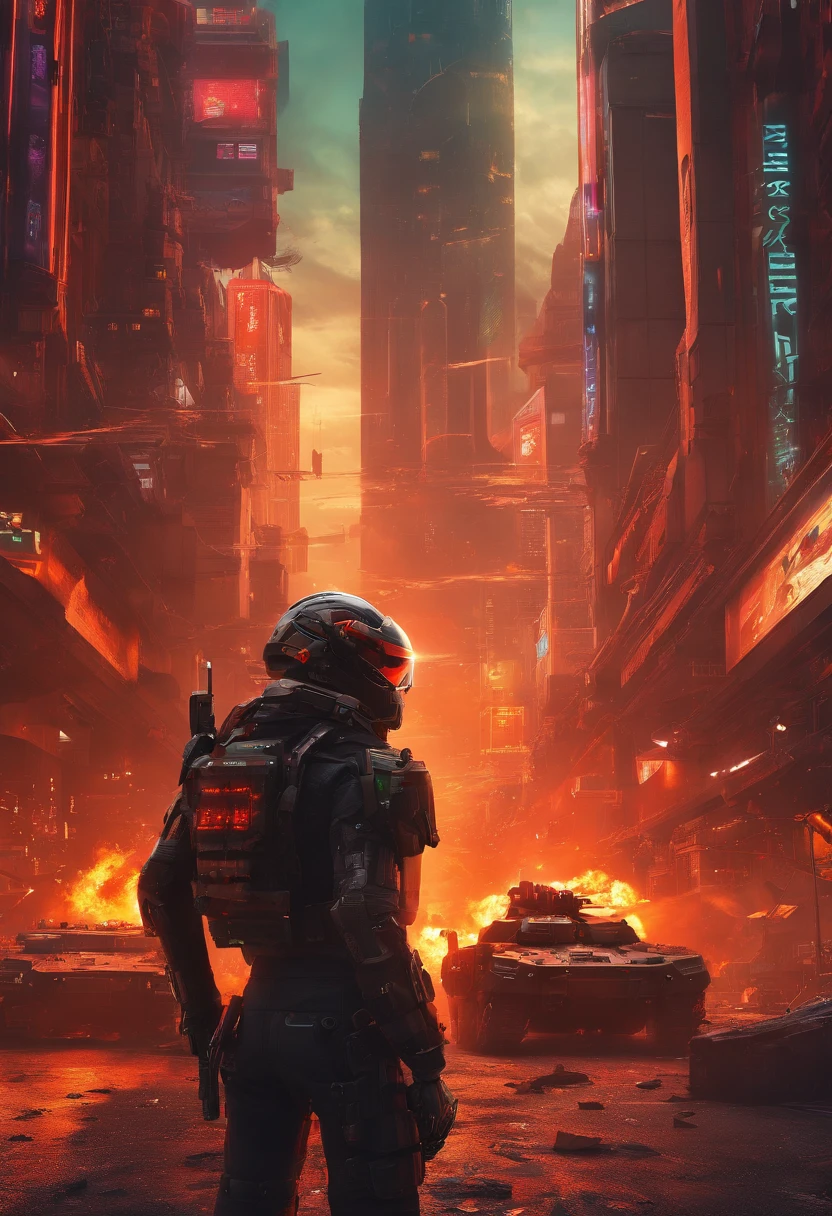 (masterpiece), best quality, expressive eyes, perfect face, perfect body, perfect arms, perfect legs, perfect hands 4k quality a male tech soldier dressed in black and red techwear shooting on a battlefield, at war, with mechas (gundam) (Armored Core) mechs flying in the air over the battlefield, (action sequence,) In a (fight scene) a of high tech hooded woman in an all black jumpsuit and black high heels orange visor and black facemask outfit the camera is a medium shot, wide angle with an anamorphic lens, setting is a hyper futuristic high tech megacity, with buildings exploding and on fire in the background, hi res, ultrasharp 8K high quality, movie, anime, gunfight, large scale battle, ground forces, soldiers, multiple soldiers fighting on a futurist battlefront, large scale war in background, military vehicles
