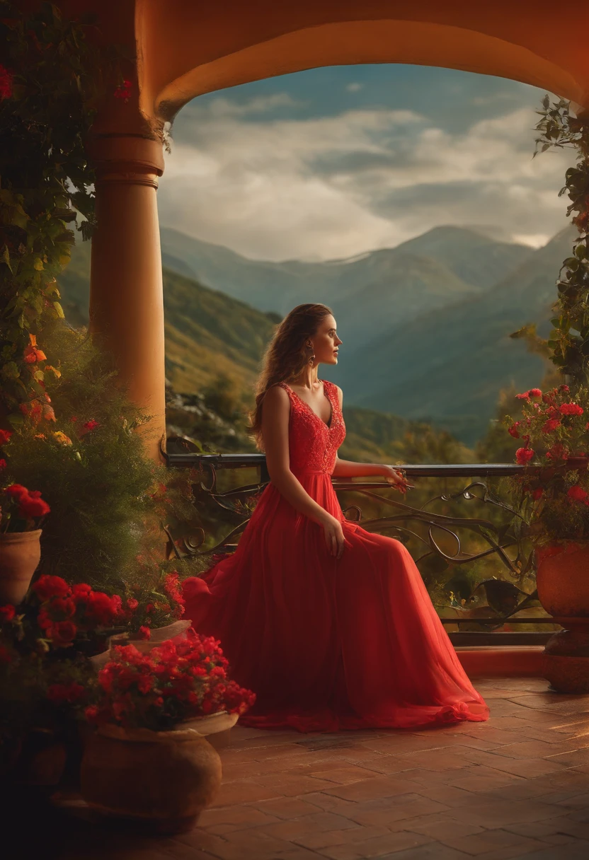 Nami from one piece wearing red ball gown in a gazebo, standing with one hand on jer hips and other is holding a glass of red wine, masterpiece, illustration 0.8, outfit 1.6, face 1.1, perfect anatomy, Nami face features