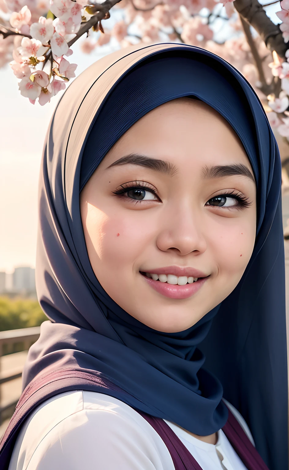 Masterpiece:1.2, high quality, best quality, high resolution, detailed, hyper realistic, 1 malay girl in hijab, blue eyes, head tilt, sunset, birds flying, cherry blossom, Portrait, closed eyes, smile, showing teeth,  (detailed face), ((sharp focus)), ((face)), upper_body