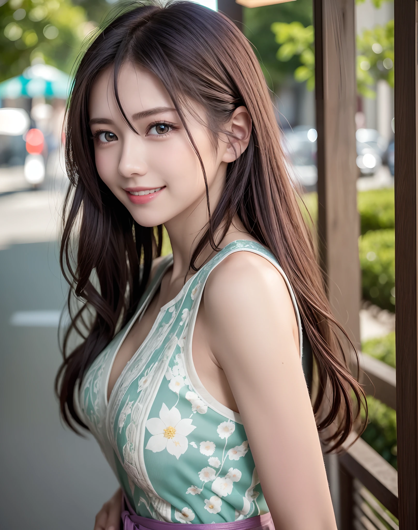 (Best Illumination, Best Shadow, masutepiece, High quality), 8K、Colorful, summer feel, Beautiful woman in light summer clothes,Wave hair、Beautiful eyes、A refreshing smile、Perfect Style、Perfect balance、Look at viewers、super beautiful woman