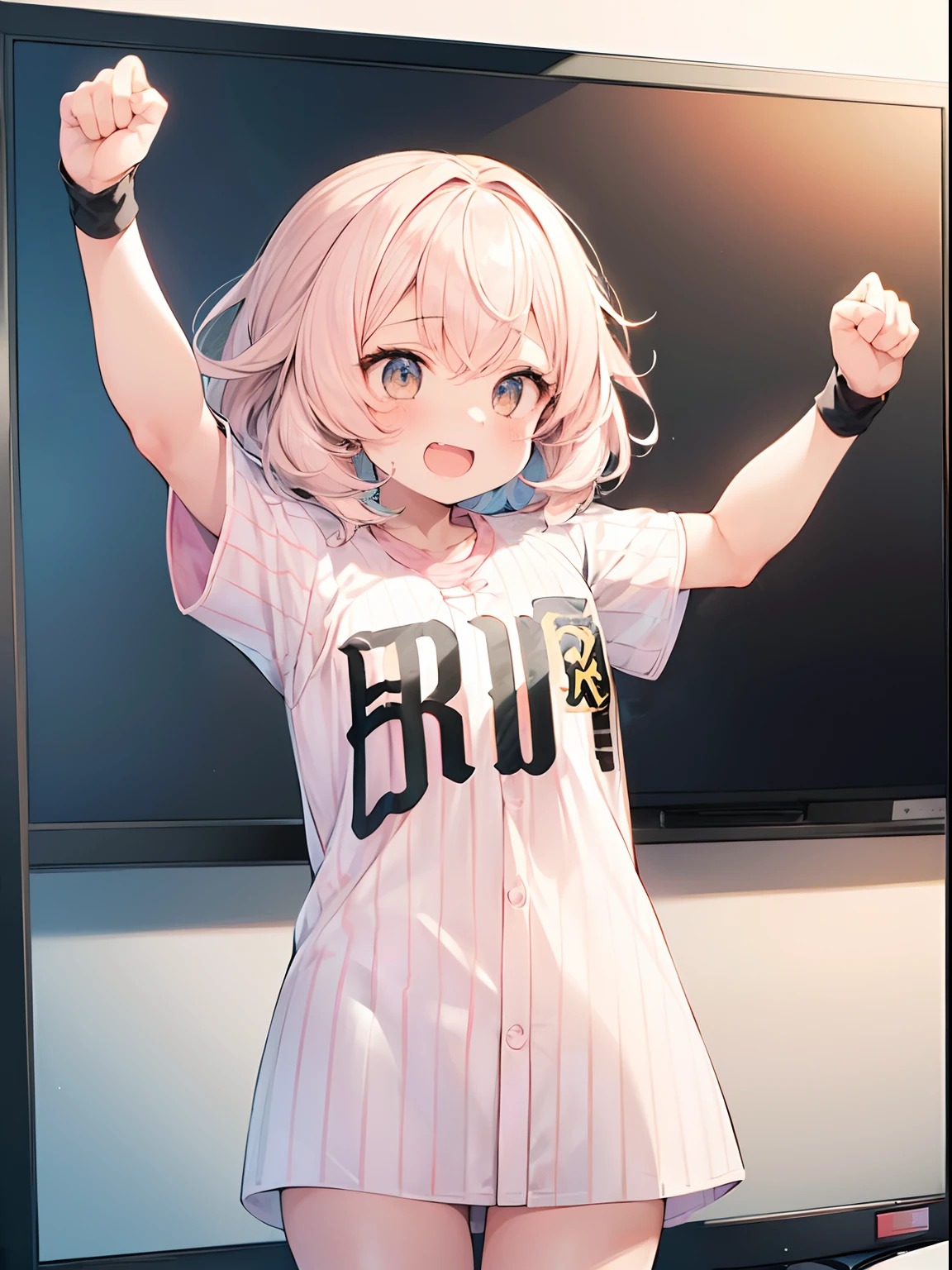 best quality, masterpiece, absurdres, highres, (1girl:1.6), (short shaggy perm hair:1.6), (light pink hair:1.5), (wearing the black vertical striped shirt:1.5), (flower effects:1.2), (cowboy shot:1.4), break (In front of a TV at home,:1.4)
BREAK
(a girl is enthusiastically cheering for the Hanshin Tigers:1.6). Her eyes are fixed on the screen, filled with excitement and tension.
BREAK
The room feels as if it's filled with the heat of the game.