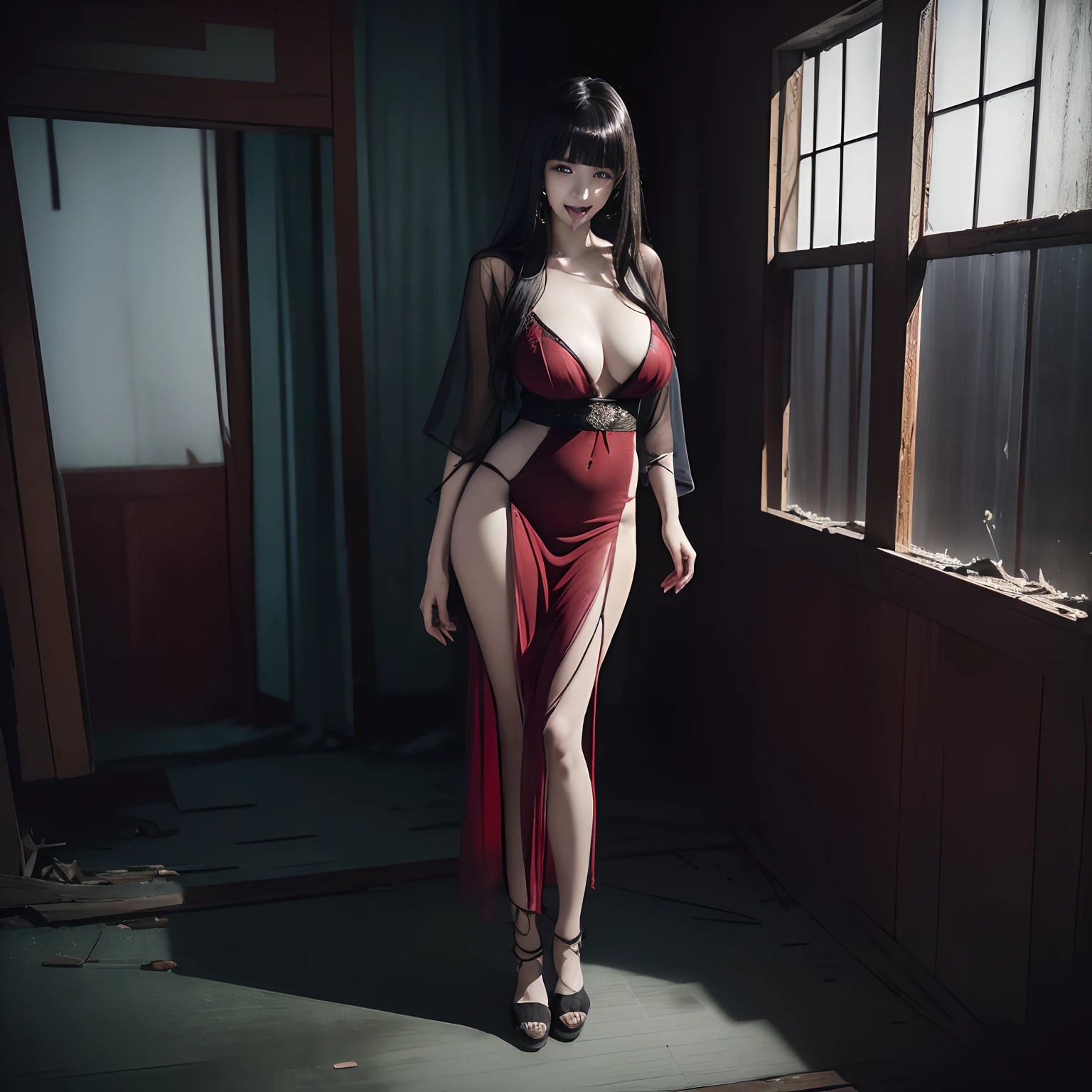 (masterpiece, Best Quality), (Ultra-realistic portrait of the ghost of Japanese woman:1.5, Black hair, Super long hair:1.3, Super long bangs:1.7, The entire face is hidden by long bangs:1.7, look down:1.2), (Japan Ghost Story, Amazing beauty, ultra gigantic tits:1.3, Excellent slim body style, Mind-boggling images, Full body shot, (sheer red dress:1.5), (Standing in an abandoned house in the Japan, tongue out:1.7, Dark atmosphere:1.5, Darkness of the night:1.5),