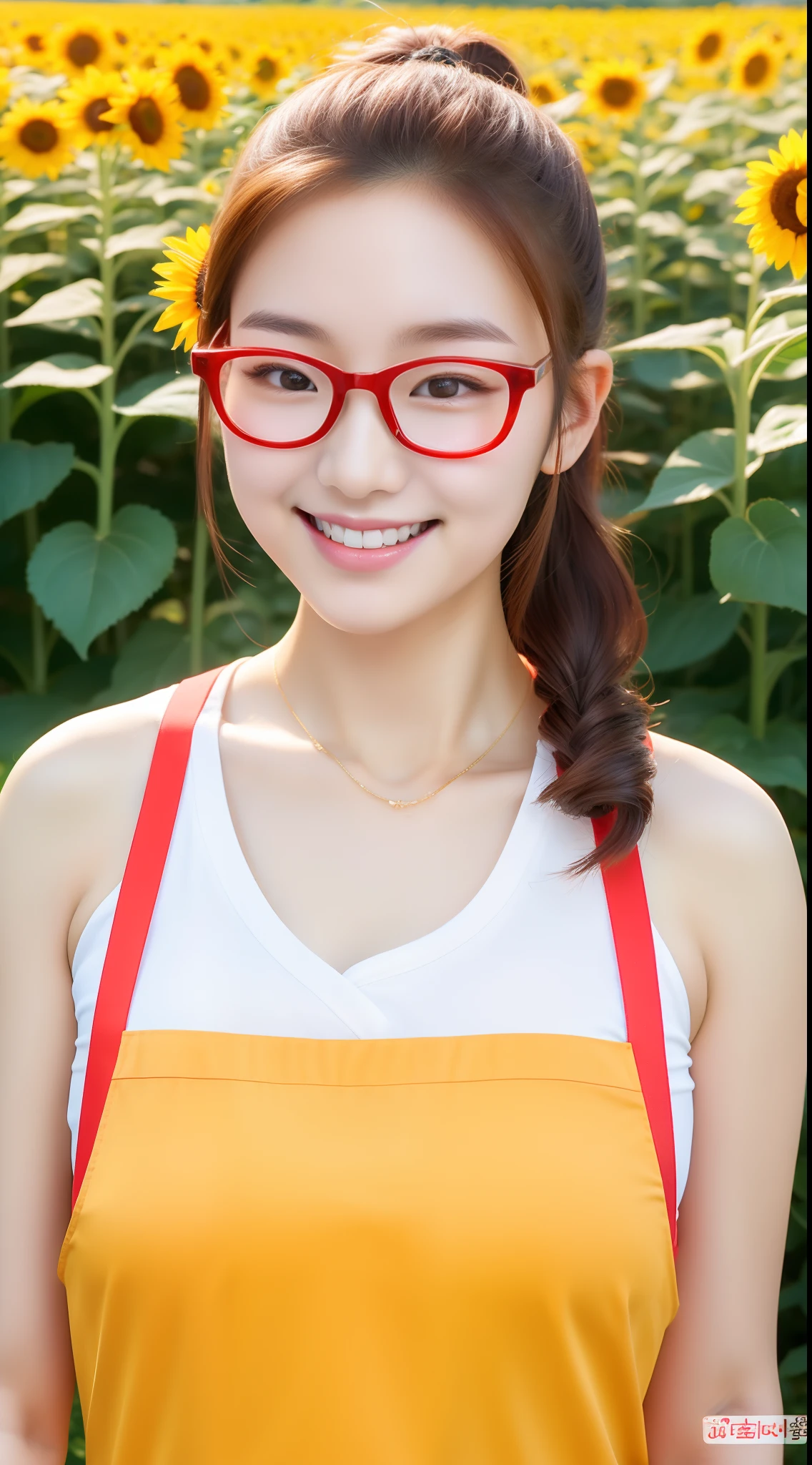 realistic photo of 1cute Korean star), short ponytail, white skin, thin makeup, 32 inch breasts size, slightly smile, wearing red apron, glasses, in sunflower field, close-up portrait, 16k