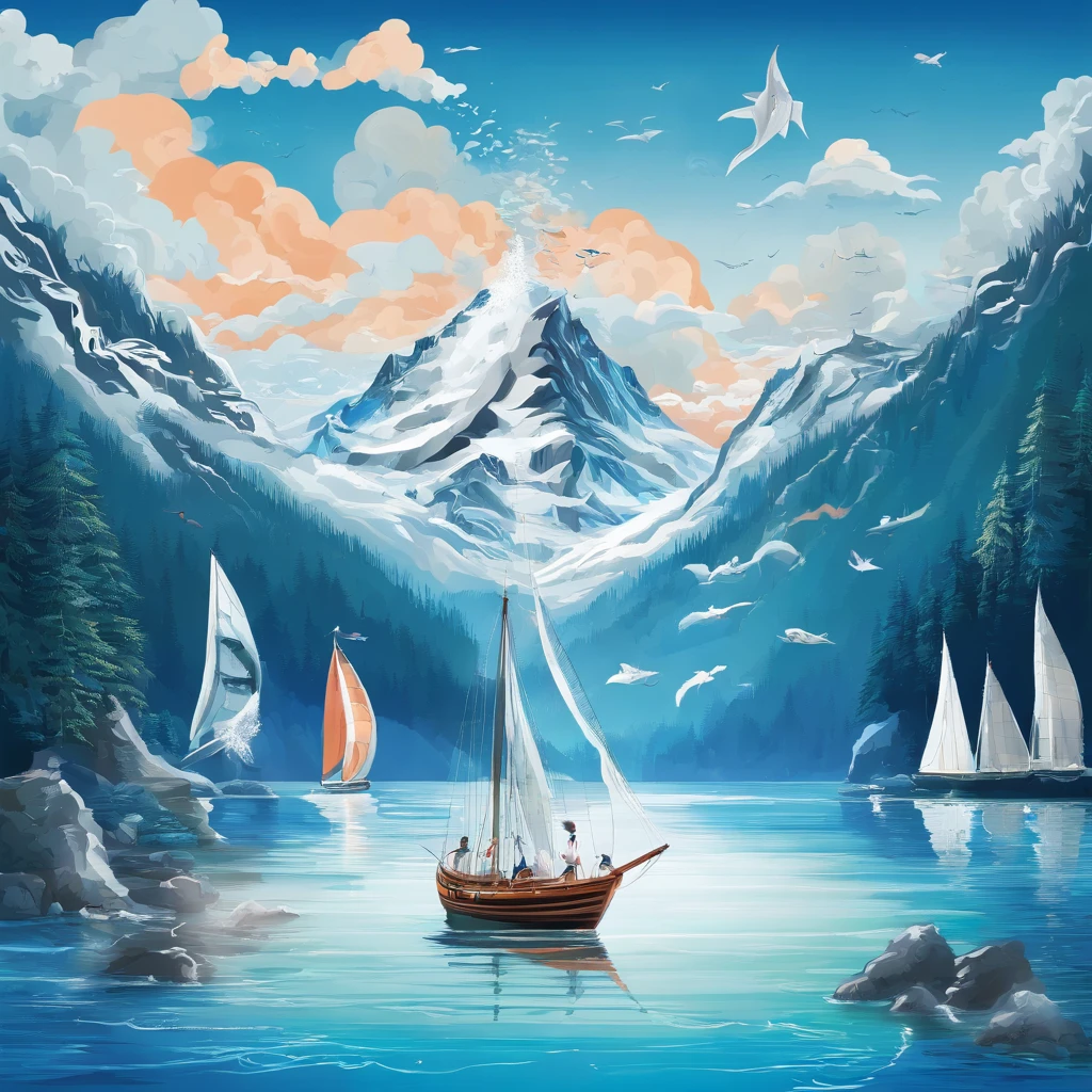 Generate an image of a breathtaking mountain range with snow-capped peaks, lush valleys, and a clear blue sky.