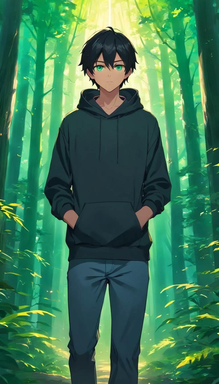 handsome male college student in black hoodie, black hair, green eyes, standing in mystical enchanted forest, apprehensive, realistic, ultra realistic, 8k