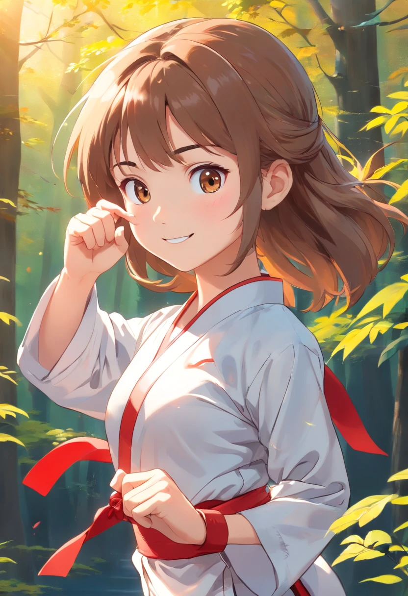 colorful animation stills, Honest portrayal, Whole body(masterpiece:1.3), (8K, hight resolution, a picture, Top image quality: 1.4), (1girl in), ligh brown hair, waved hair, attractive beautiful face, (A smile: 1.15), 17 age, Whole body, bare-legged(White Karate Uniform:1.4), Attractive body with soft curvaceous beauty, Bold sexy poses, perfect anatomia, TOKYOcty
