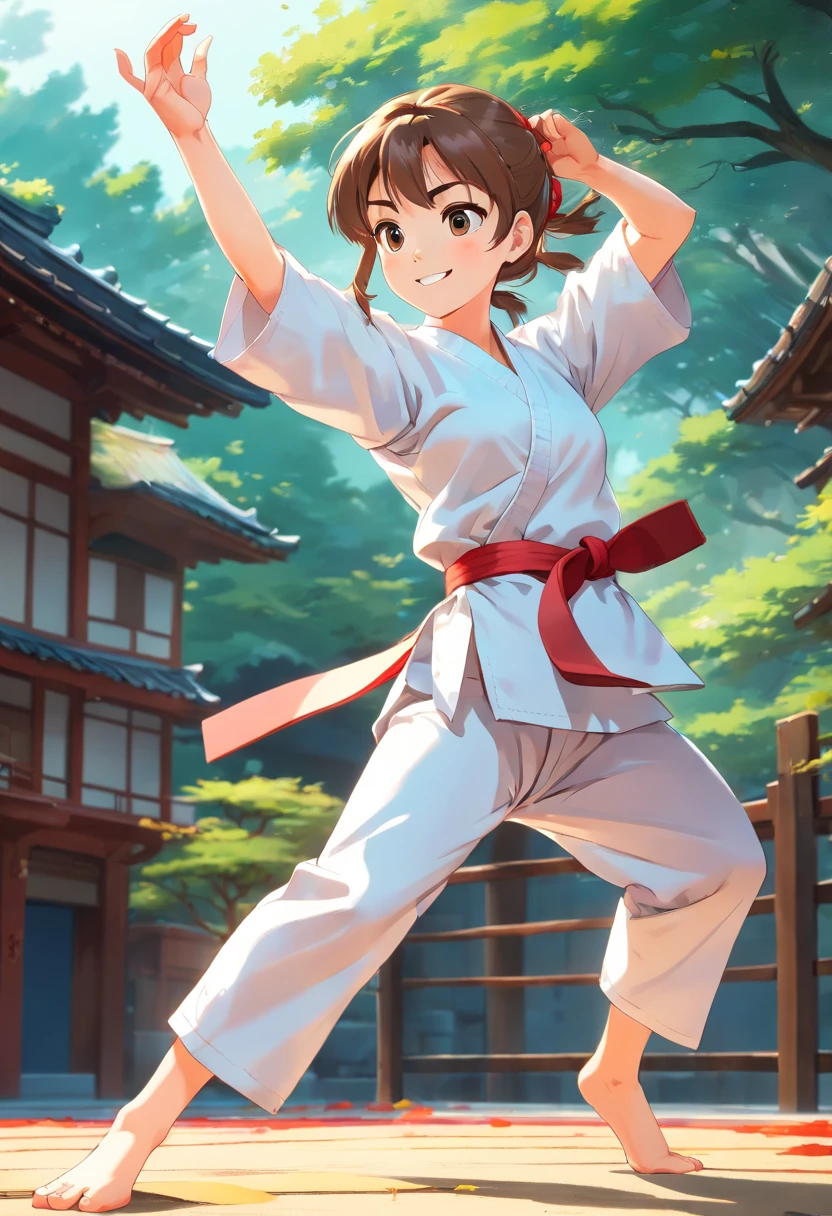 colorful animation stills, Honest portrayal, Whole body(masterpiece:1.3), (8K, hight resolution, a picture, Top image quality: 1.4), (1girl in), ligh brown hair, waved hair, attractive beautiful face, (A smile: 1.15), 13years, Whole body, bare-legged(White Karate Uniform:1.4), Attractive body with soft curvaceous beauty, Bold sexy poses, perfect anatomia, TOKYOcty