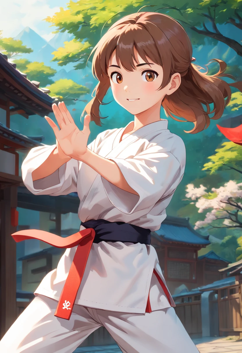colorful animation stills, Honest portrayal, Whole body(masterpiece:1.3), (8K, hight resolution, a picture, Top image quality: 1.4), (1girl in), ligh brown hair, waved hair, attractive beautiful face, (A smile: 1.15), , Whole body, bare-legged(White Karate Uniform:1.4), Attractive body with soft curvaceous beauty, Bold sexy poses, perfect anatomia, TOKYOcty