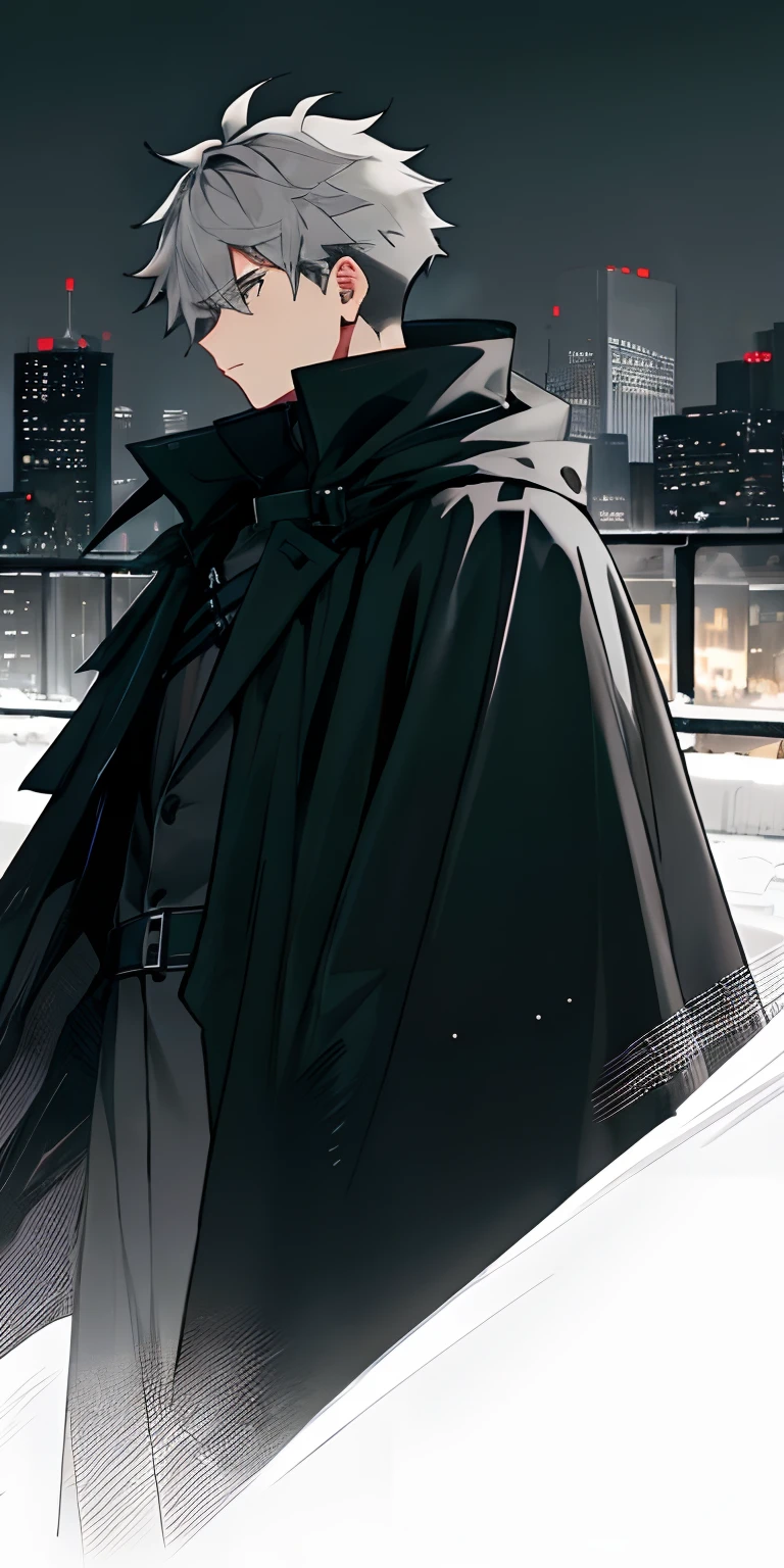 1male, adult black eyes, medium grey hair, city , modern undercut hair , messy hair, black coat , black cloak