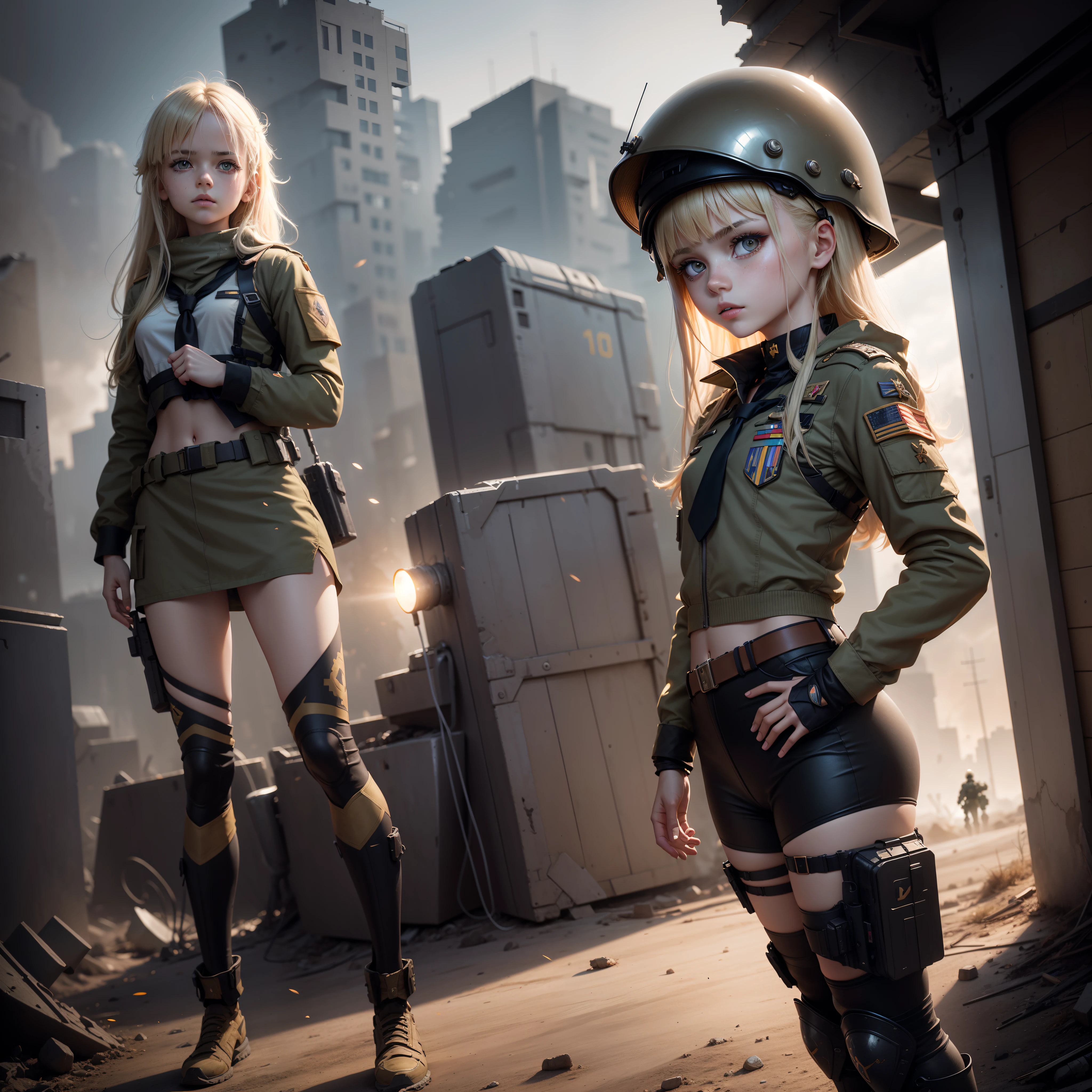 Ukrainian girl saluting a soldier , Ukrainian anime girls , , Ukraine , Full body composition of young girl with messy bright blonde hair, eye make up, , Soft lighting, Solo, Old torn dirty shabby futuristic military uniform, badges, Pose, Blotch color, Octane Render, Hyperrealistic intricate detail, Cinematic, 8K resolution, 70mm, Accent Lighting, Global Illumination, Full body portrait, clean detailed faces, intricate clothing, Cute face, flat chest, Slim waist, Slim legs, small hips,General soldier attire,Wearing a helmet,Wearing a tie,