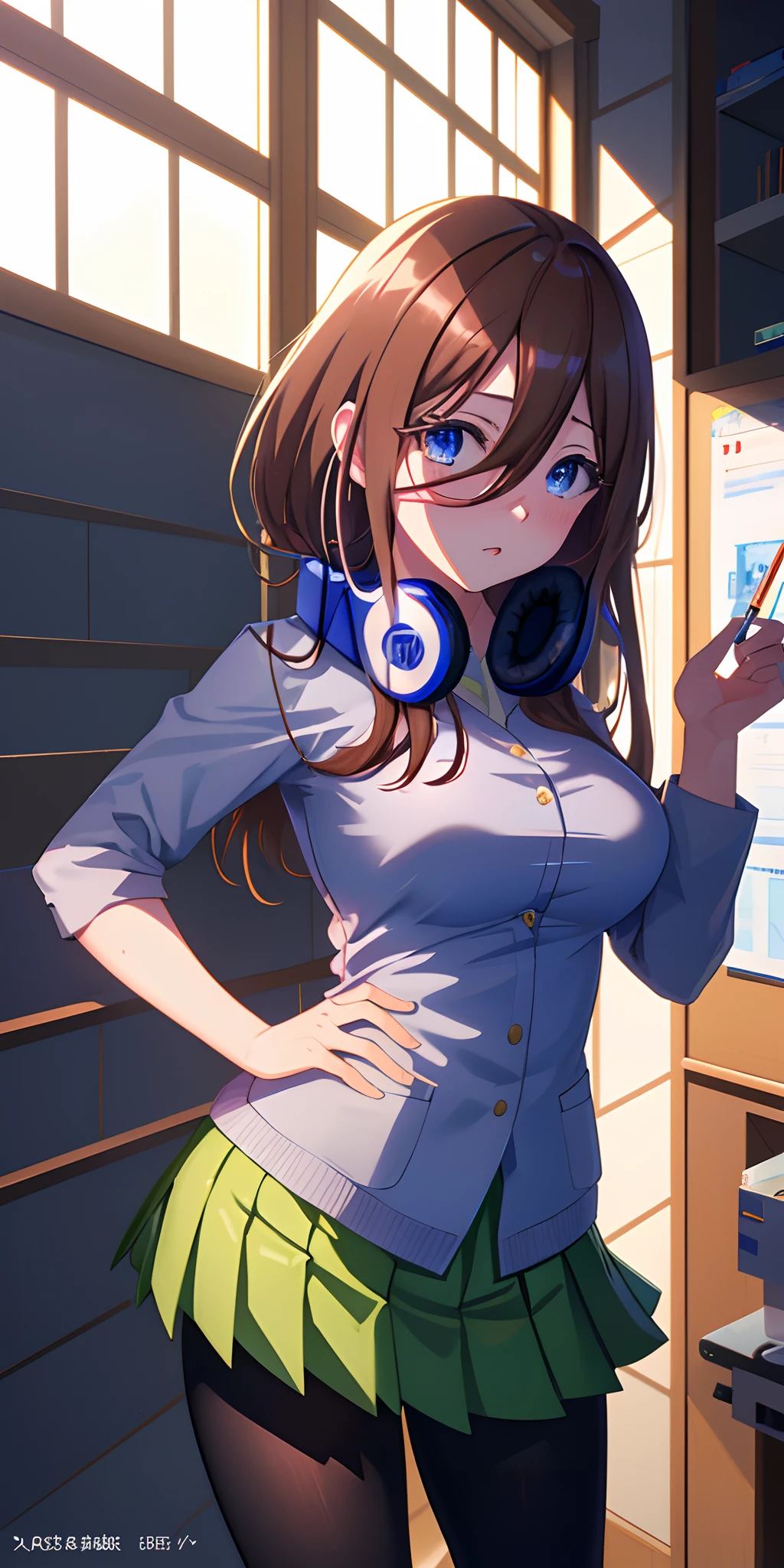 masutepiece, Best Quality, (Very detailed CG Unity 8K wallpaper) (Best Quality), (Best Illustration), (Best Shadows), Miku Nakano, Miku, Brown hair, Blue eyes, headphones, uniform, Indoors, Beautiful detailed eyes