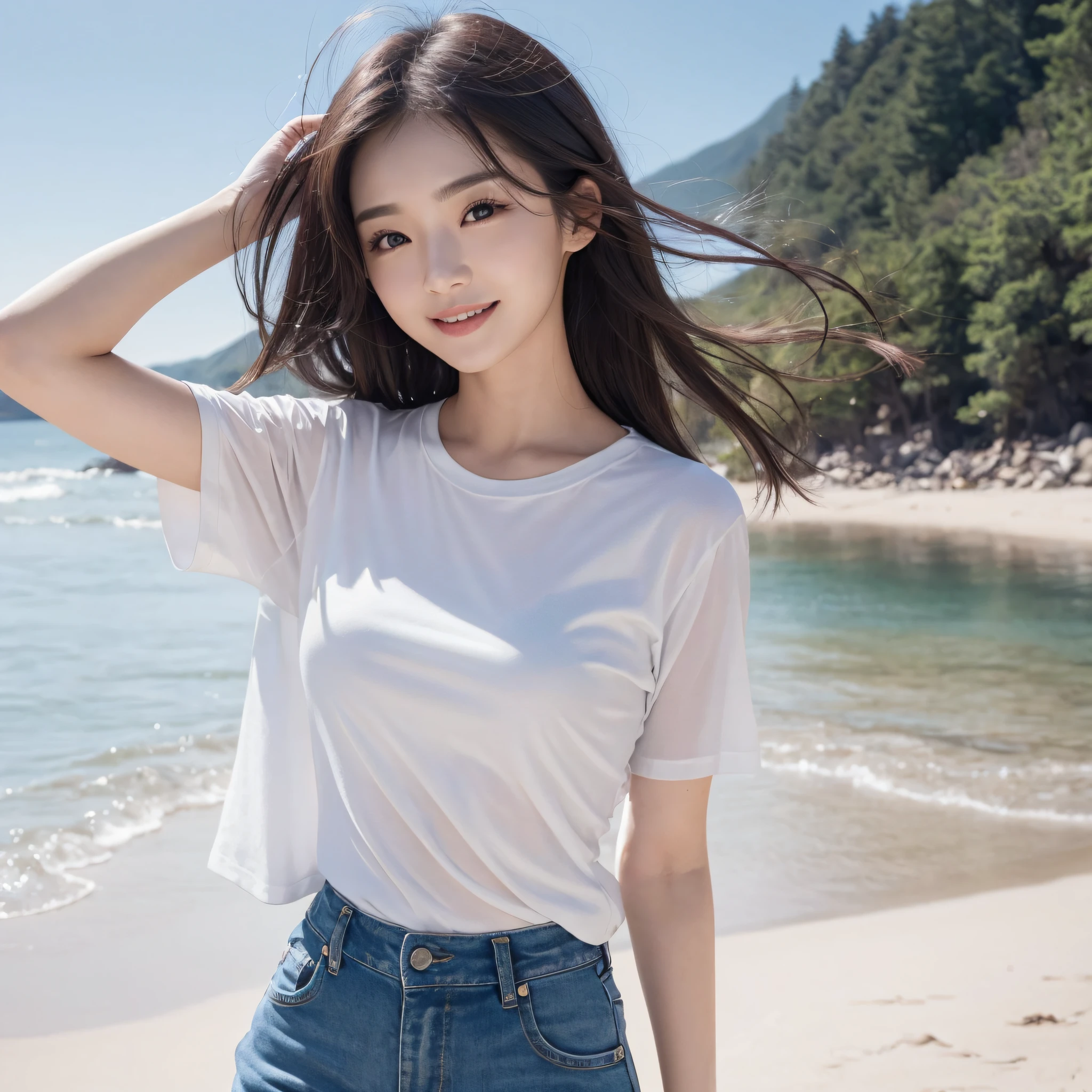 One lady、((best qualtiy、8k masterpieces:1.3))、foco nítido:1.2、(ultra beautiful faces:1.0)、(shinny skin:1.0)、photos realistic、A dark-haired、Video Lighting、High-definition eyes and face、Video Lighting、(Korean Cute Actress)、from the front side、medium breasts、Smile、Slender Abs Beauty、Whole body、wearing t-shirts、at the top of the mountain