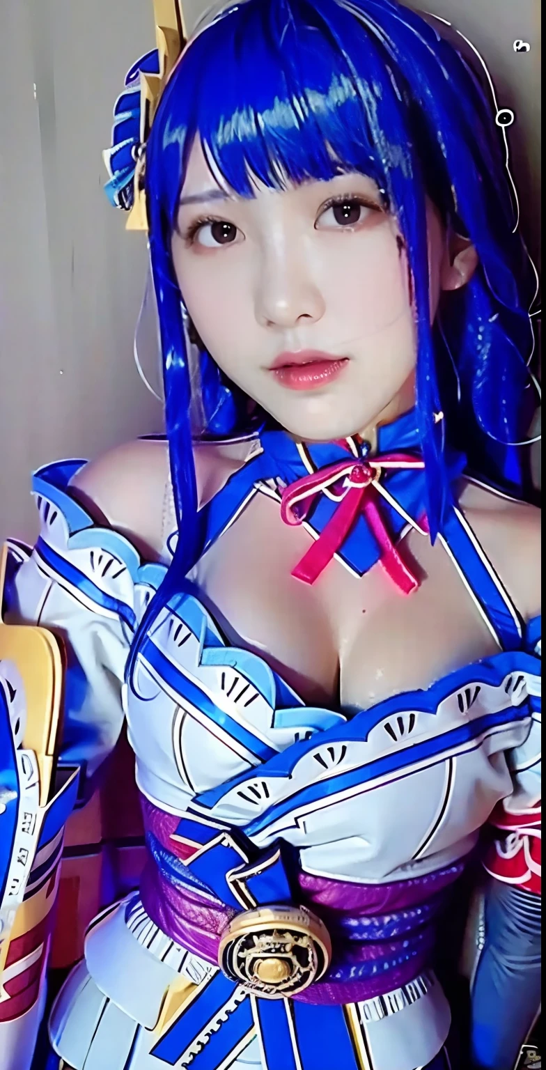 high quality, masterpiece, Very detailed, 8k, A beautiful  Japanese girl:1.5, Small face, blunt bangs, Breast Augmentation Surgery, (A gorgeous blue magical girl heroine costume:1.5), He has a large metal helmet on his head that covers his hair and eyes., tube, wire, She gets electrocuted, brainwashing、　height:170cm、　Stick your tongue out、　Open your mouth and show me your throat、　Ahegao