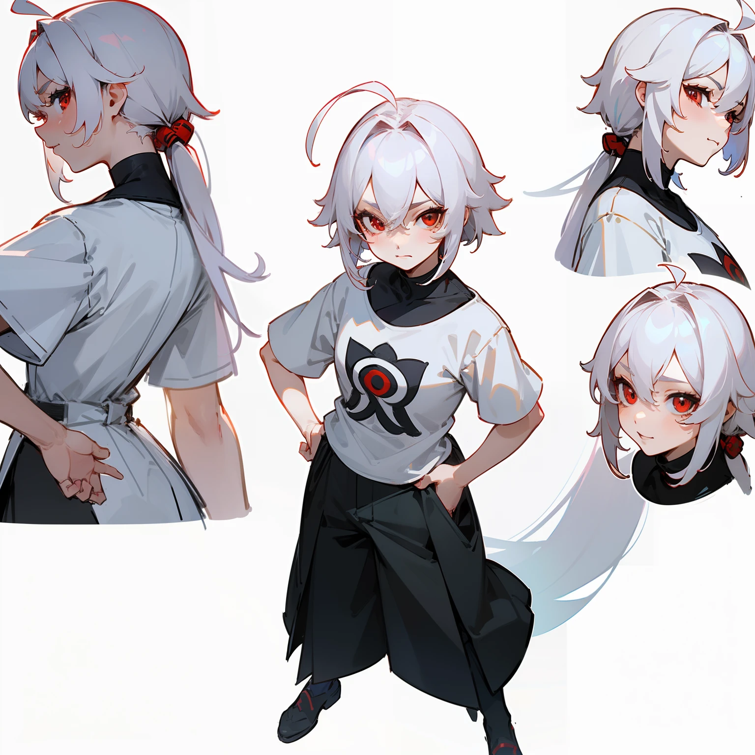 ((masterpiece)), ((high detail)), 1girl, ((ultra-detailed)),((delicate face)), Beautiful detailed eyes, gradient hair,hairs between eyes,1girl ,solo,white hair,red eyes,genshin_impact,white background,look at the viewer, standing,A seductive wide smiling face,((aggressive face)),((ahoge)), character design, The front of the character, The back of the character, the sides, there are 4 image panels, hands on hips, full body, Pekaloons trousers, white shoulder-length t-shirt,