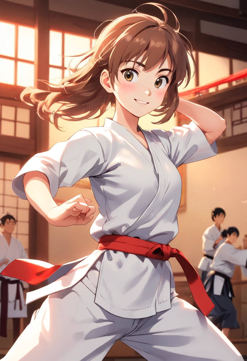colorful animation stills, Honest portrayal, Whole body(masterpiece:1.3), (8K, hight resolution, a picture, Top image quality: 1.4), (1girl in), ligh brown hair, waved hair, attractive beautiful face, (A smile: 1.15), , Whole body, bare-legged(White Karate Uniform:1.4), Attractive body with soft curvaceous beauty, Bold sexy poses, perfect anatomia, TOKYOcty