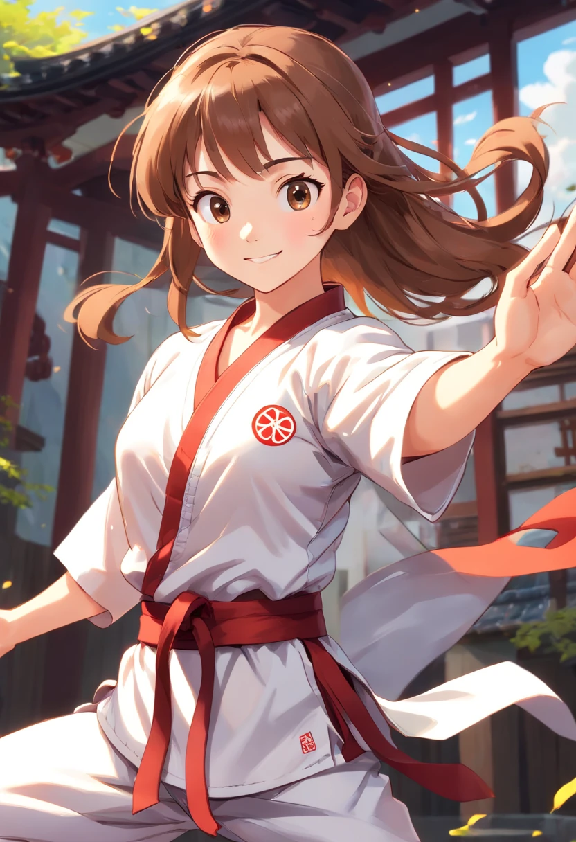 colorful animation stills, Honest portrayal, Whole body(​masterpiece:1.3), (8K, hight resolution, a picture, Top image quality: 1.4), (1girl in), ligh brown hair, waved hair, attractive beautiful face, (A smile: 1.15), 17 age, Whole body, bare-legged(White Karate Uniform:1.4), Attractive body with soft curvaceous beauty, Bold sexy poses, perfect anatomia, TOKYOcty