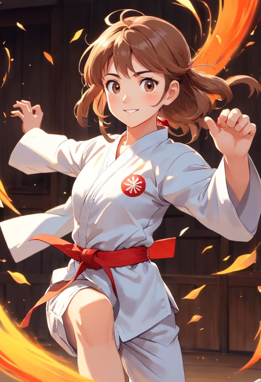 colorful animation stills, Honest portrayal, Whole body(masterpiece:1.3), (8K, hight resolution, a picture, Top image quality: 1.4), (1girl in), ligh brown hair, waved hair, attractive beautiful face, (A smile: 1.15), 13years, Whole body, bare-legged(White Karate Uniform:1.4), Attractive body with soft curvaceous beauty, Bold sexy poses, perfect anatomia, TOKYOcty
