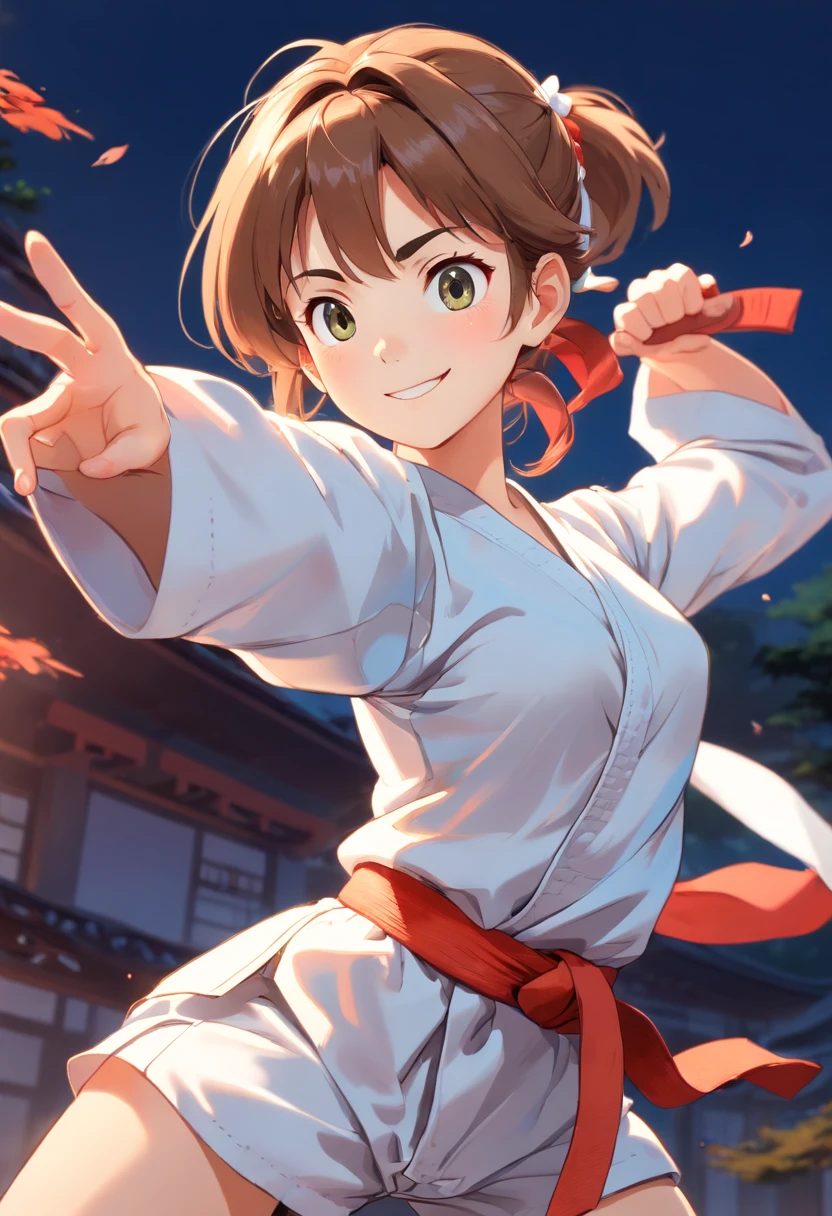 colorful animation stills, Honest portrayal, Whole body(masterpiece:1.3), (8K, hight resolution, a picture, Top image quality: 1.4), (1girl in), ligh brown hair, waved hair, attractive beautiful face, (A smile: 1.15), 17 age, Whole body, bare-legged(White Karate Uniform:1.4), Attractive body with soft curvaceous beauty, Bold sexy poses, perfect anatomia, TOKYOcty