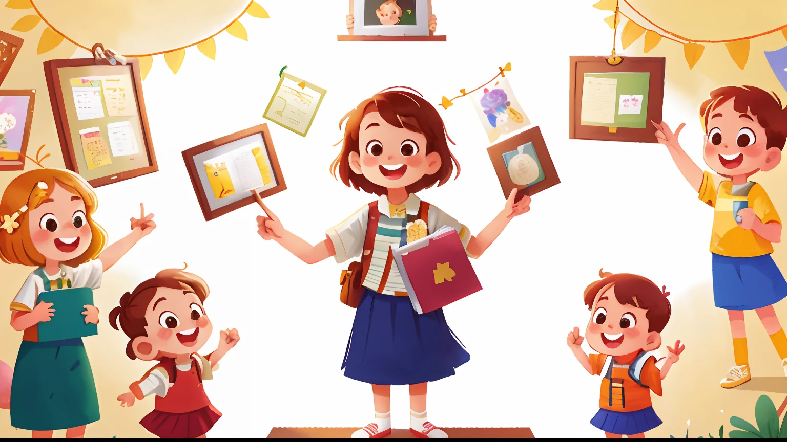 happy smiling Teacher & students is standing holding a beautiful picture frame above her head, full body ((white background))