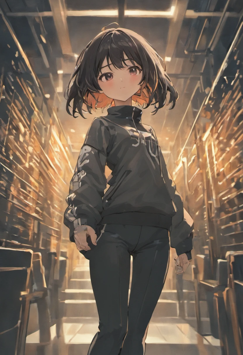 crie uma imagem de menina em desenho animado com cabelos preto longo, in pants, blusa manga comprida , tennis