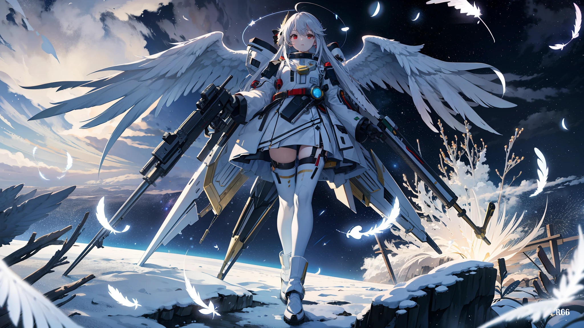 1girl,bishoujo,stare,red eyes,beautiful detailed eyes,long hair,white hair,silver_hair,Wing-like bangs，Dull hair,ahoge,Hair rings,braid, cold,Half tied hair，Fishtail braided princess head， above clouds, aerial fireworks, alien, american flag, angel, angel wings, astronaut, aurora, christmas, christmas tree, city lights, cityscape, cloud, constellation, crescent moon, desert, dust, eagle, earth \(planet\), feathered wings, feathers, fireflies, fireworks, flying, full moon, galaxy, glowing, glowing wings, large wings, light, light particles, mecha, mechanical wings, milky way, moon, moonlight, night, night sky, no humans, pegasus, pine tree, planet, reiuji utsuho, retro artstyle, rocket, science fiction, shooting star, single wing, sky, skyline, skyscraper, snow, snowing, space, space craft, space helmet, spacesuit, star \(sky\), star \(symbol\), starry background, starry sky, starry sky print, tanabata, tanzaku, telescope, thrusters, twilight, ultimate madoka, v-fin, white feathers, white wings, wings