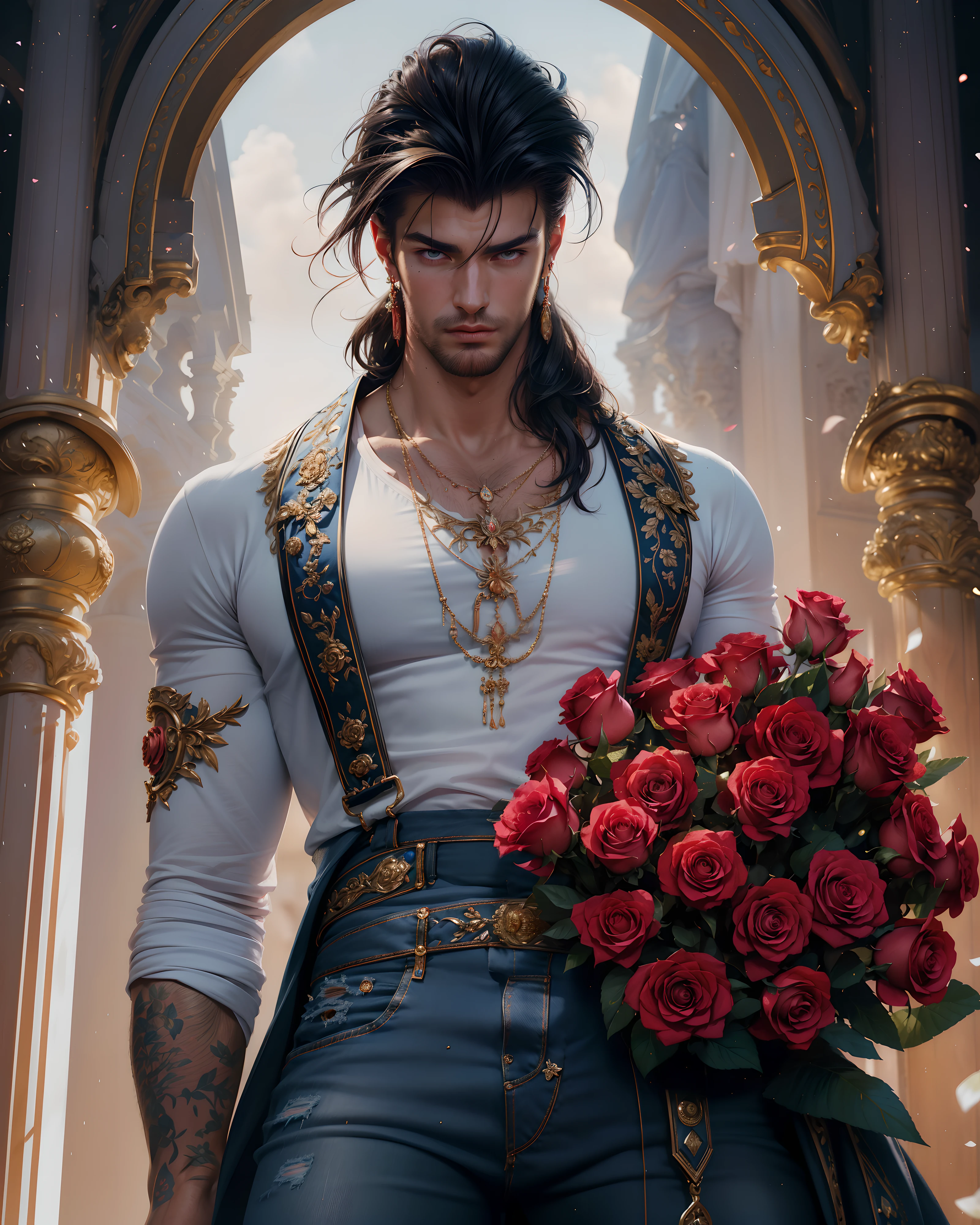 (absurdres, highres, ultra detailed), 1 male, handsome, tall muscular guy, mature, verious red and pink roses around him, jewellery, A man standing on back comfortably in the roses, from directly above, (white shirt, jeans), gorgeous, wet, model pose, colorful, artistic, depth of field, focus on his calm facial features, elegant look