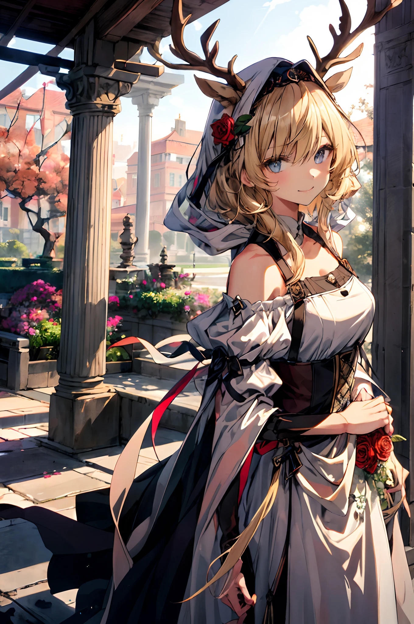 (tmasterpiece、top-quality、illustratio、Extremely high quality、high-level image quality、Extremely sensitive writing)Blonde girl standing in beautiful garden、A slight smile、She has a large bouquet、Cute national costume style dress，There are ruffles on the shoulders、Hair fluttering in the wind