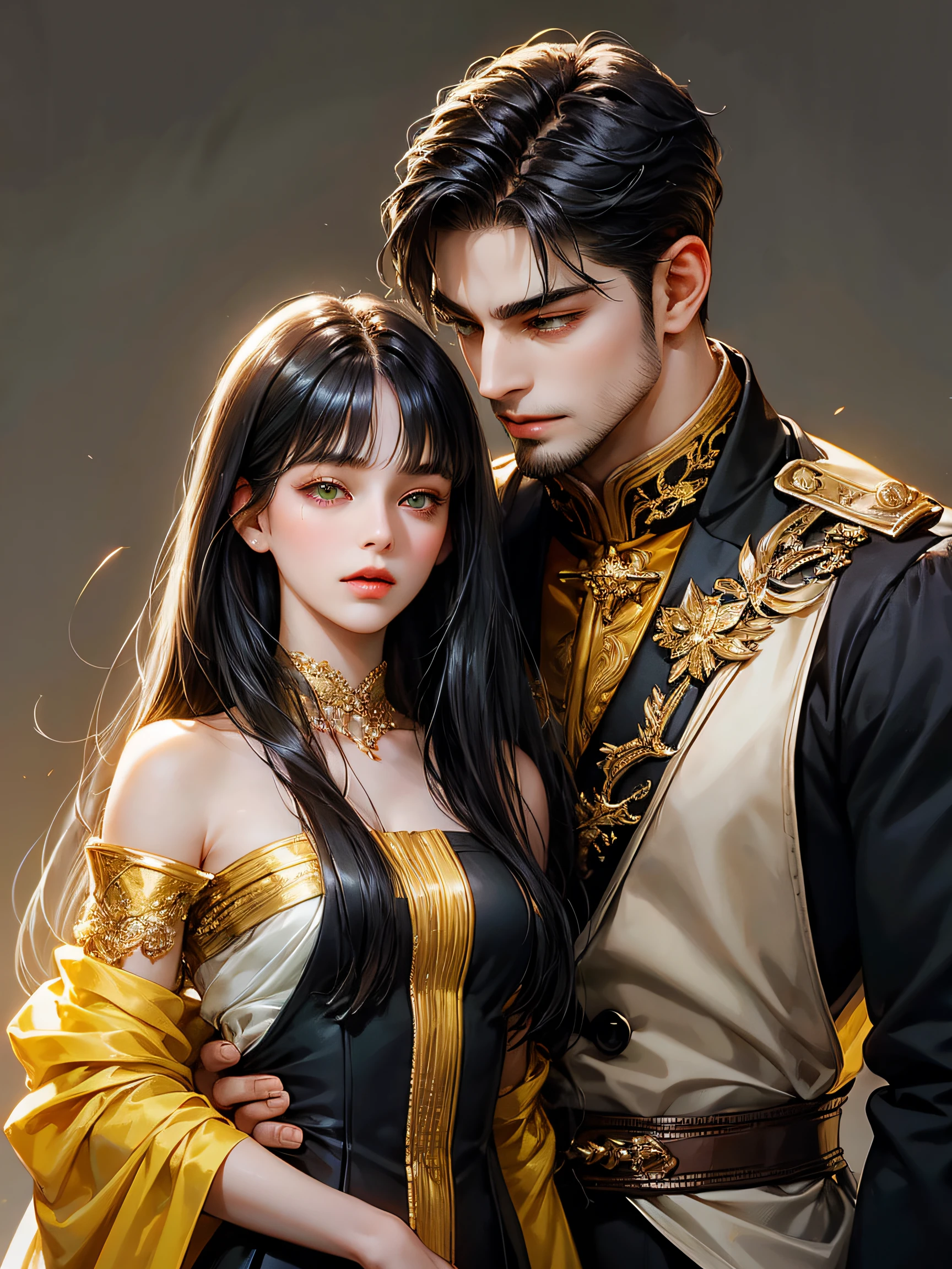 Couple, 1 girl 1 boy, different hair color, long black sleek hair with flat bangs and green eyes, short black hair and (yellow eyes) with soft beard, romance, romantic, height different, fantasy, detailed eyes, simple background