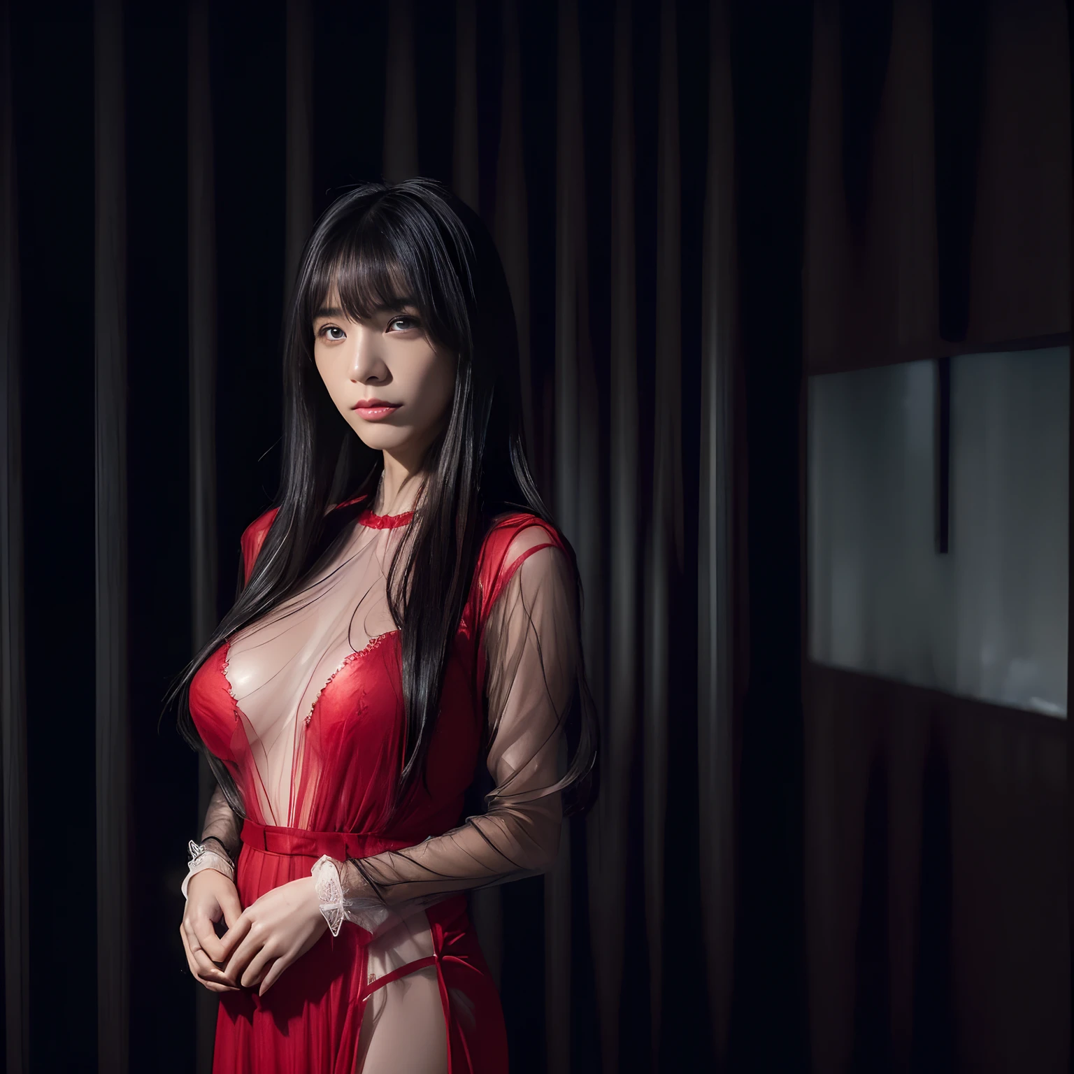 (​masterpiece, Best Quality), (Ultra-realistic portrait of the ghost of Japanese woman:1.8, ghost atmosphere:1.5, Black hair, Super long hair, Super long bangs:1.75, The entire front face is hidden by long bangs:1.75, her eyes are hidden by long bangs:1.75, look down:1.5), (Japan Ghost Story, Amazing beauty, ultra gigantic breasts:1.55, visible detailed nipples under dress:1.7, Excellent slim body style, Full body shot, (transparent red dress:1.5, see through red dress:1.5, sheer red dress:1.5), Standing in an abandoned house in the Japan, (Dark atmosphere:1.55, Darkness of the night:1.55),