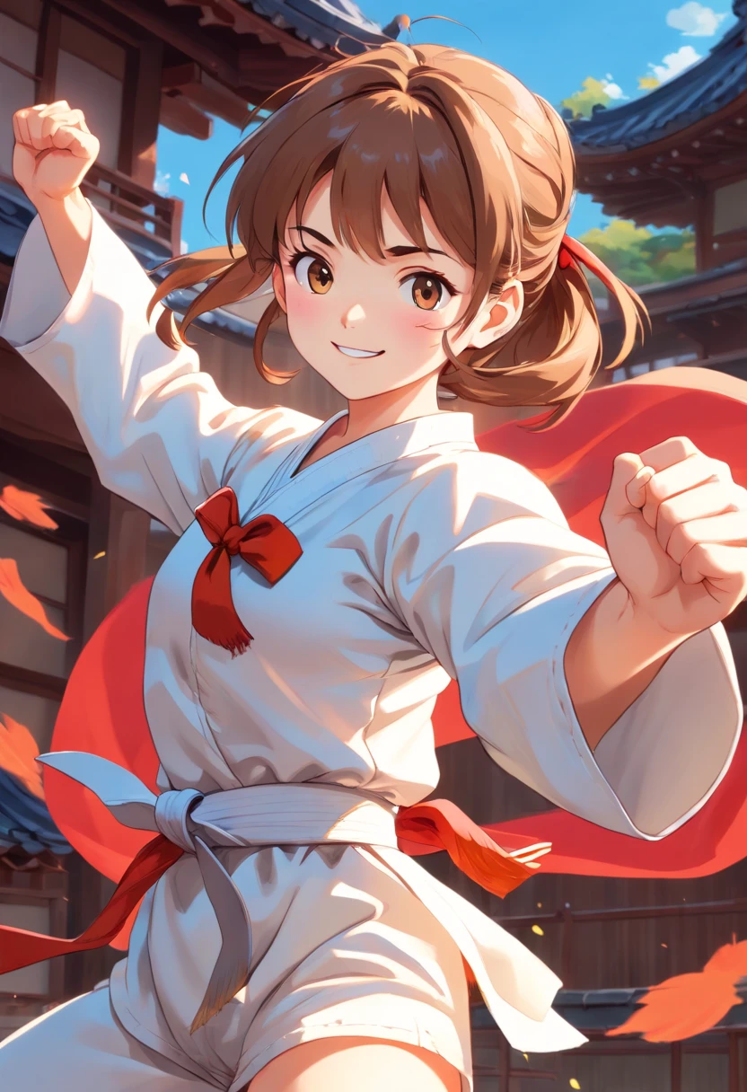 colorful animation stills, Honest portrayal, Whole body(masterpiece:1.3), (8K, hight resolution, a picture, Top image quality: 1.4), (1girl in), ligh brown hair, waved hair, attractive beautiful face, (A smile: 1.15), 17 age, Whole body, bare-legged(White Karate Uniform:1.4), Attractive body with soft curvaceous beauty, Bold sexy poses, perfect anatomia, TOKYOcty