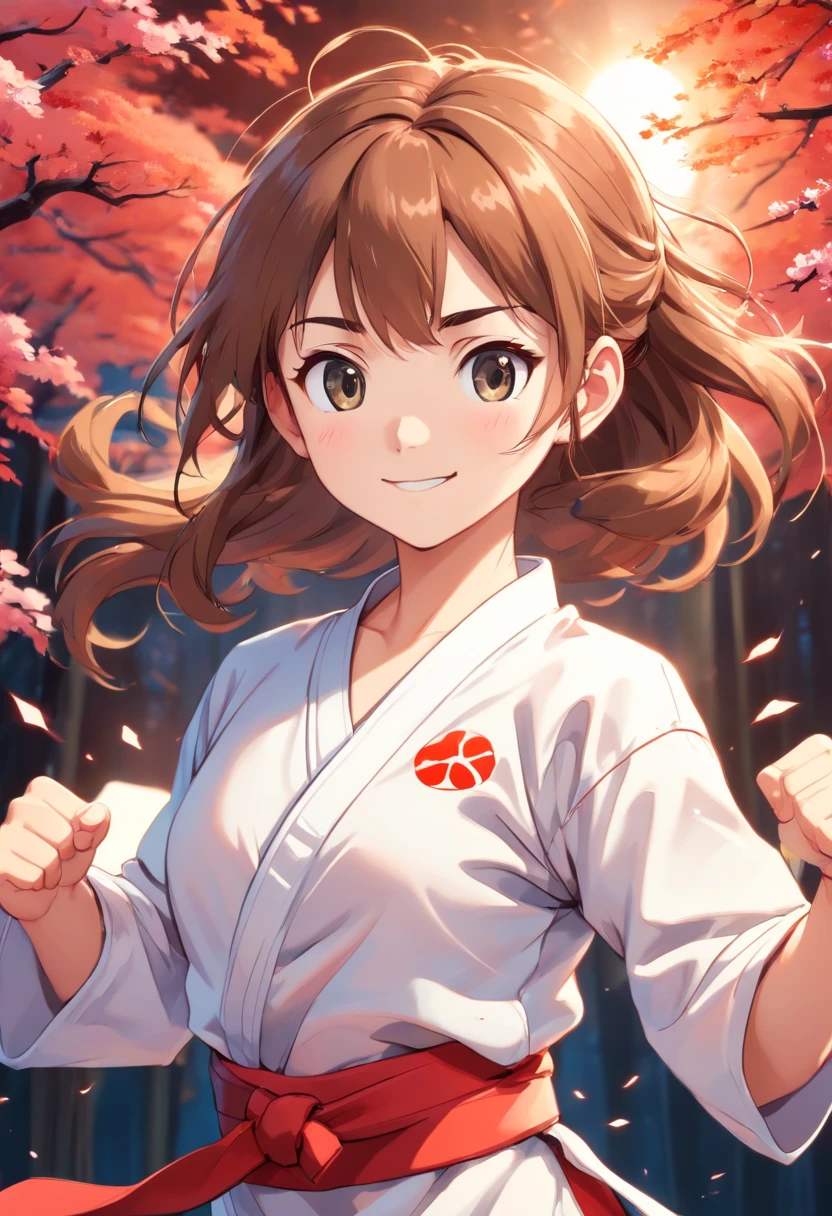 colorful animation stills, Honest portrayal, Whole body(masterpiece:1.3), (8K, hight resolution, a picture, Top image quality: 1.4), (1girl in), ligh brown hair, waved hair, attractive beautiful face, (A smile: 1.15), , Whole body, bare-legged(White Karate Uniform:1.4), Attractive body with soft curvaceous beauty, Bold sexy poses, perfect anatomia, TOKYOcty