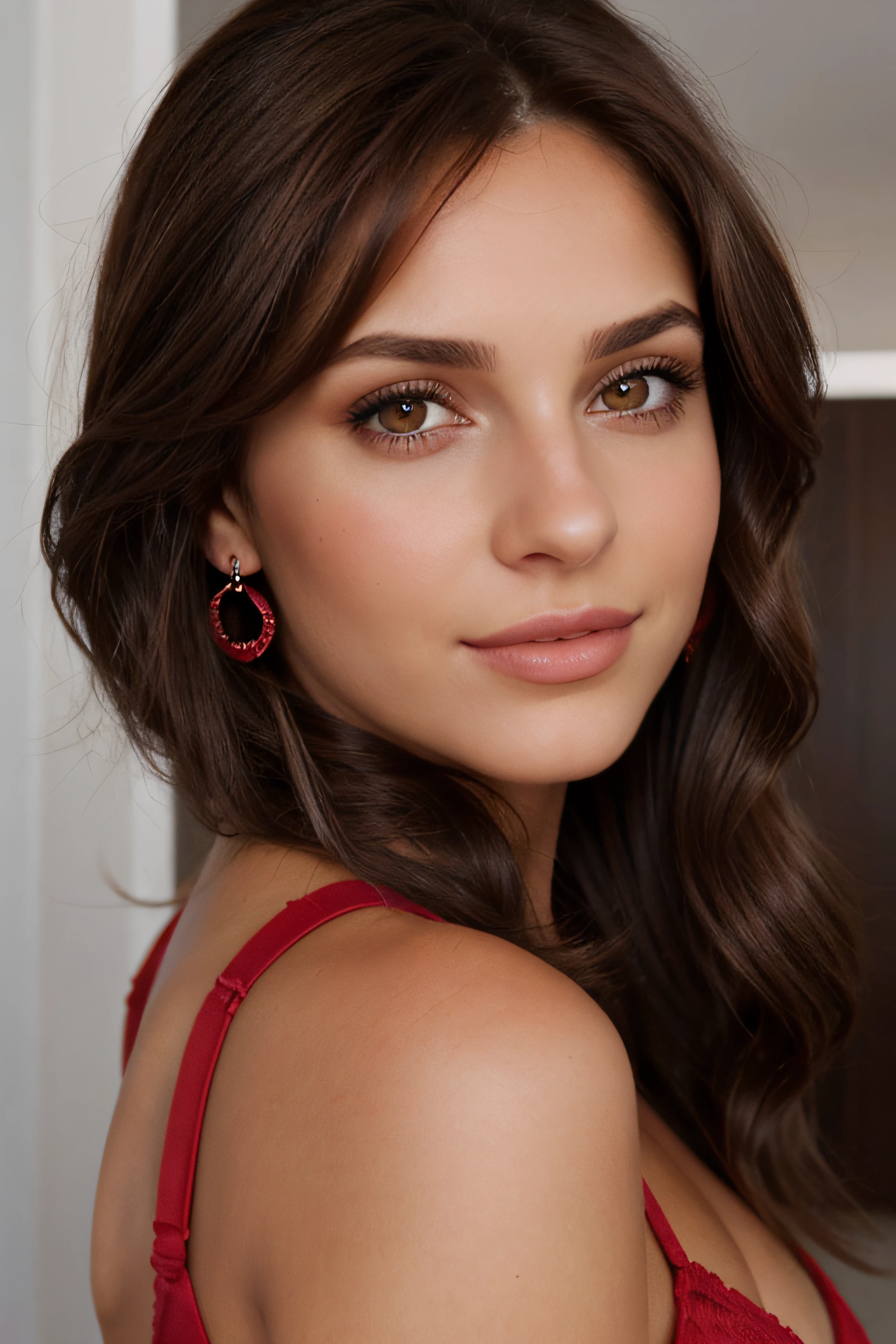 1mujer, (realista:1), brown hair, Cabello largo, ojos negros, feliz, cuerpo completo, en sujetador sexy color rojo