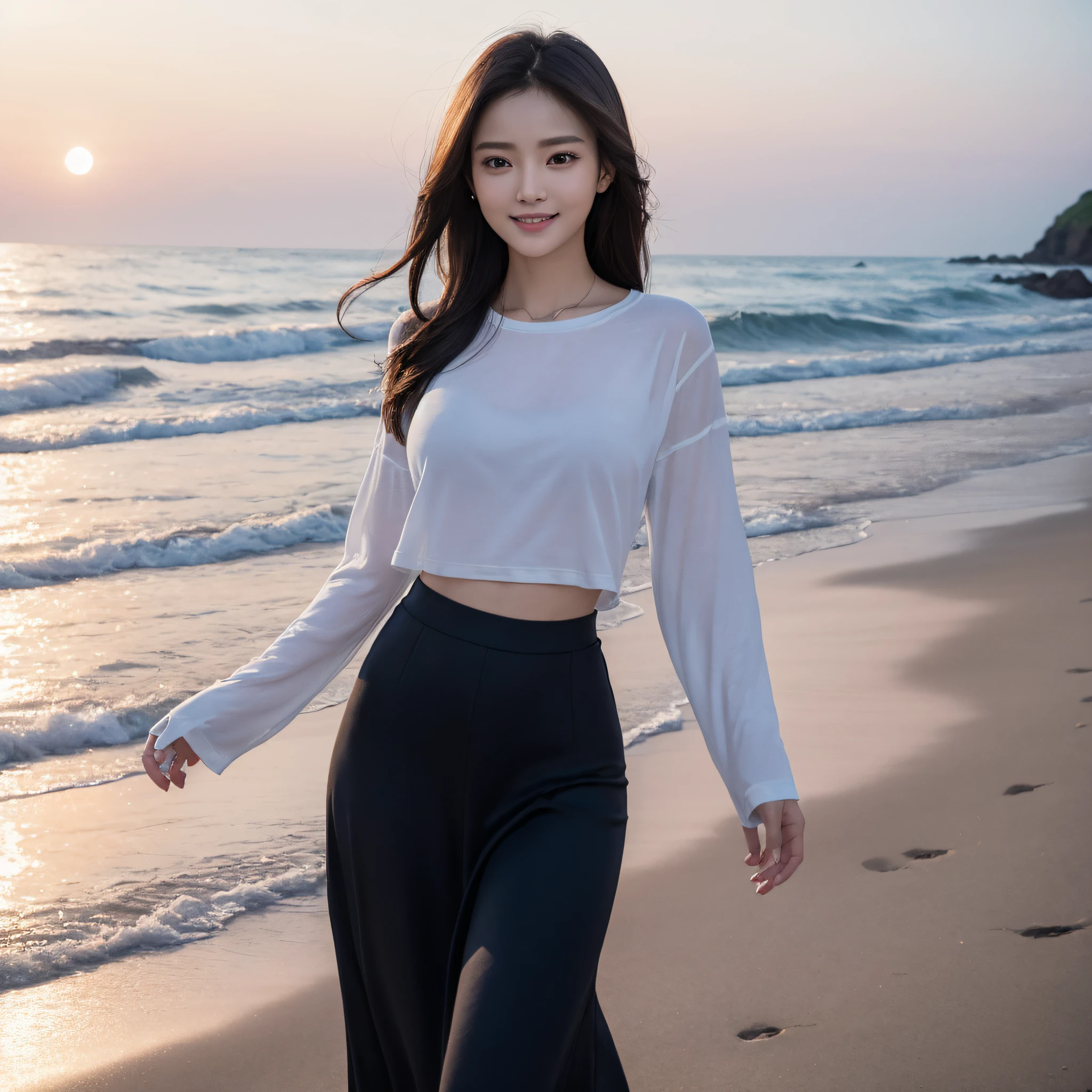 One lady、((best qualtiy、8k masterpieces:1.3))、foco nítido:1.2、(ultra beautiful faces:1.0)、(shinny skin:1.0)、photos realistic、A dark-haired、Video Lighting、High-definition eyes and face、Video Lighting、(Korean Cute Actress)、from the front side、medium breasts、Smile、Slender Abs Beauty、Whole body、wearing t-shirts、On the beach at night
