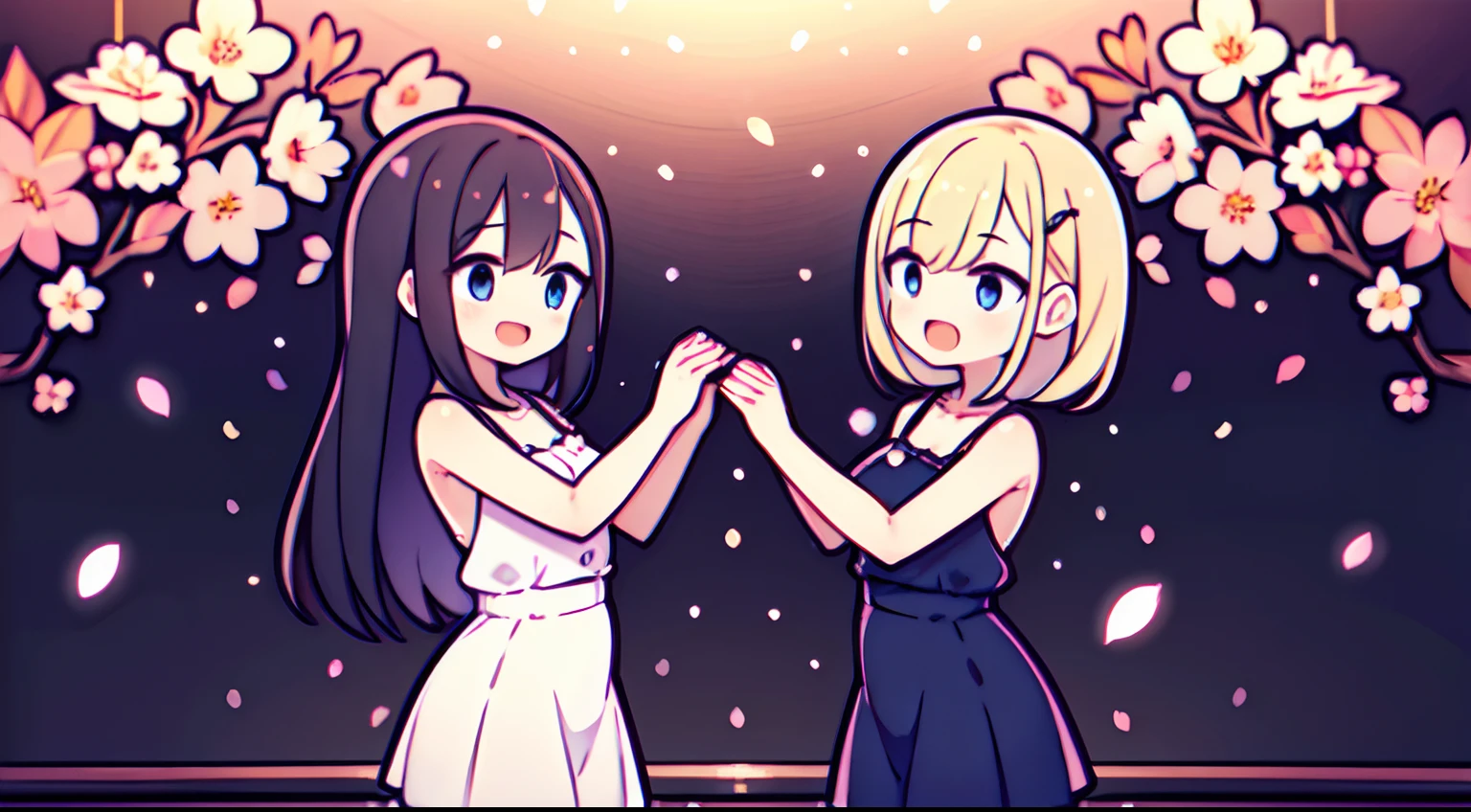 Two girls standing in front of a painting、laugh face、Water droplets on the cheeks、Dance Practice、Revolutions、bustup、Eye Up、Flowing iridescent silk、Cherry blossom petals