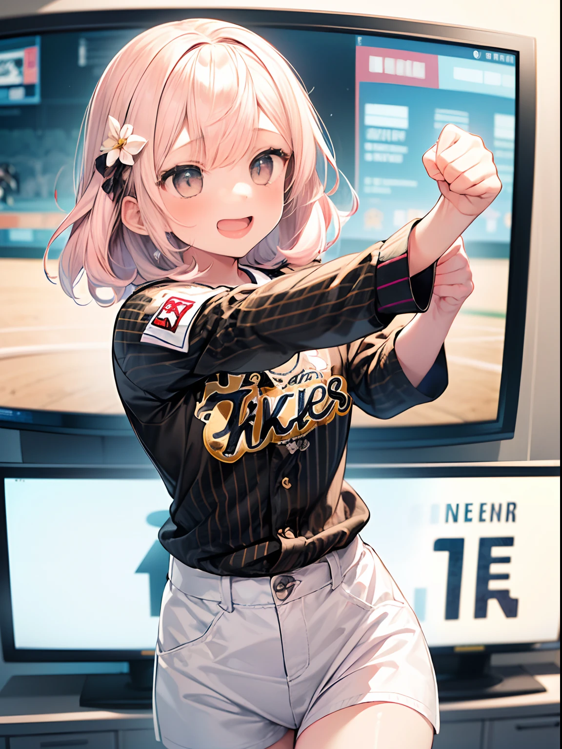 best quality, masterpiece, absurdres, highres, (1girl:1.6), (short shaggy perm hair:1.6), (light pink hair:1.5), (wearing the black vertical striped shirt:1.5), (flower effects:1.4), (cowboy shot:1.4), break (In front of a TV at home,:1.4)
BREAK
(a girl is enthusiastically cheering for the Hanshin Tigers:1.6). Her eyes are fixed on the screen, filled with excitement and tension.
BREAK
The room feels as if it's filled with the heat of the game.