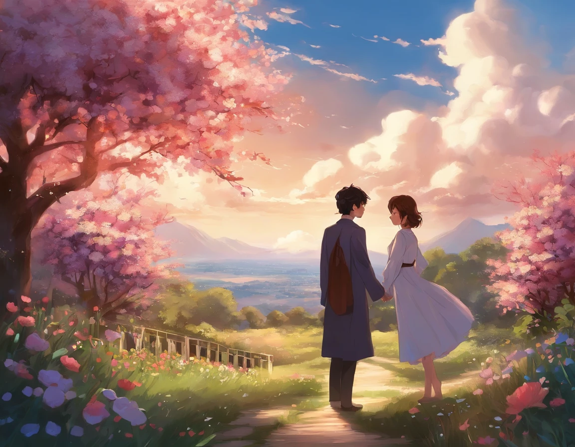 Anime - Style painting of two people in a flower garden,The two were far apart,anime beautiful peace scene,Beautiful anime scenes,colorful anime movie background,夏天,Beautiful anime scenery,anime backgrounds,Anime Background Art,beautifull puffy clouds。anime big breast, Anime Sky, Anime landscapes, makoto shinkai cyril rolando, anime landscape wallpapers, Anime landscapes