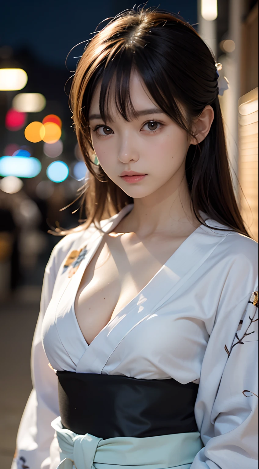(masutepiece, Best Quality:1.4), Beautiful face, 8K, 85 mm, absurderes, (floral pattern yukata:1.4), The upper part of the body, Exposing breasts、 violaceaess, gardeniass, Delicate girl, Solo, Night, Looking at Viewer, Upper body, Film grain, chromatic abberation, Sharp Focus, face lights, Professional Lighting, Sophisticated, (Smile:0.4), cleavage, (Simple background, Bokeh background:1.2), Detail Face