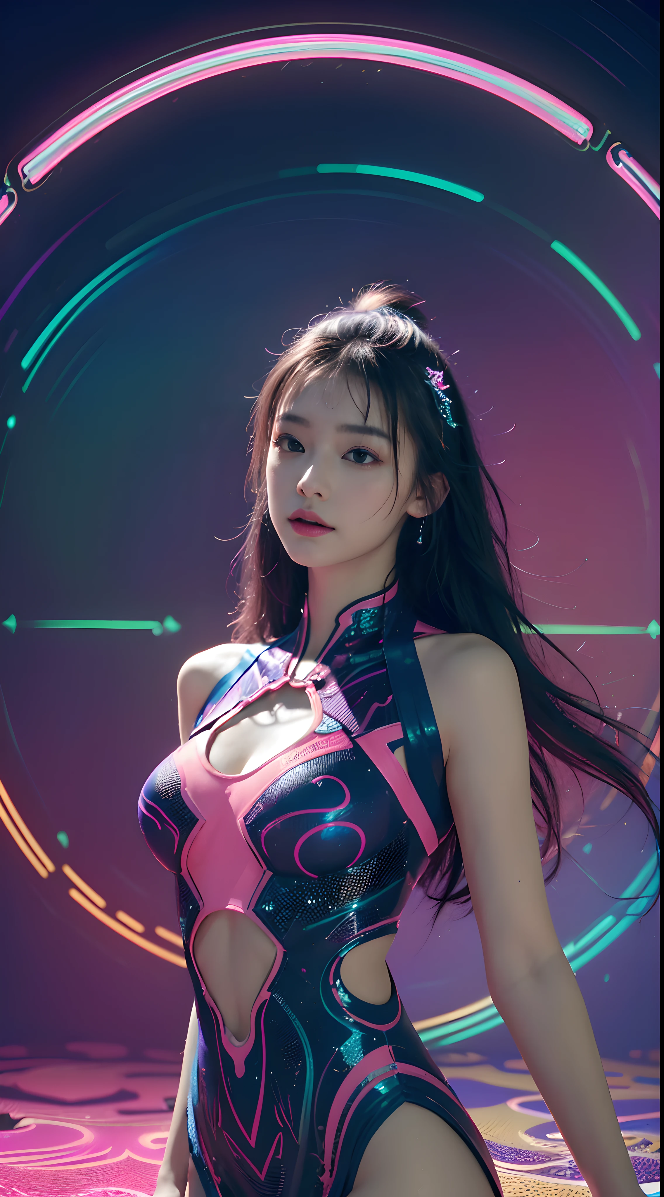 (Masterpiece, Top quality, Best quality, offcial art, Beautiful and aesthetic:1.2), (1girll:1.3), Extremely detailed,(Fractal art:1.2),Colorful,highest details,( Zen neon:1.2), (Dynamic pose), (Abstract background neon lights:1.5), (Trident dress:1.2), (Shiny skin), (many color:1.4), Upper body ,neonlight,16k,Full-HD，dynamicposes