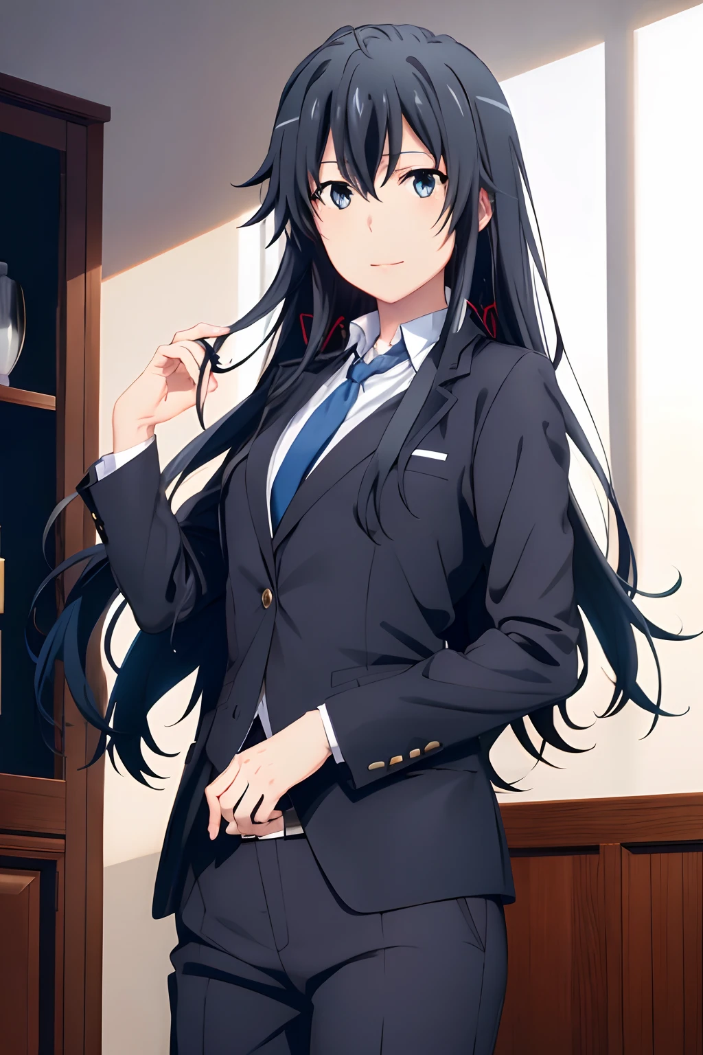 masterpiece, (best quality), 1woman,1girl ,yukinoshita yukino , , lon hair, blue eyes, white shirt under jacket yukinoshita yukino , business suit, suit, tuxedo,,sexy woman,jacket, necktie, collared shirt,closed clothes, flirty, smile, hair between eyes, vibrant colors ,natural lighting ,RTX, , beautiful, (detailed face:1.2), showcase, (perfect eyes:1.1) ,(photorealistic:1.1), 8k uhd, looking a viewer, indoors, simple backround, Yukino dance with a Feminine man, yukinoshita yukino badass Princely
