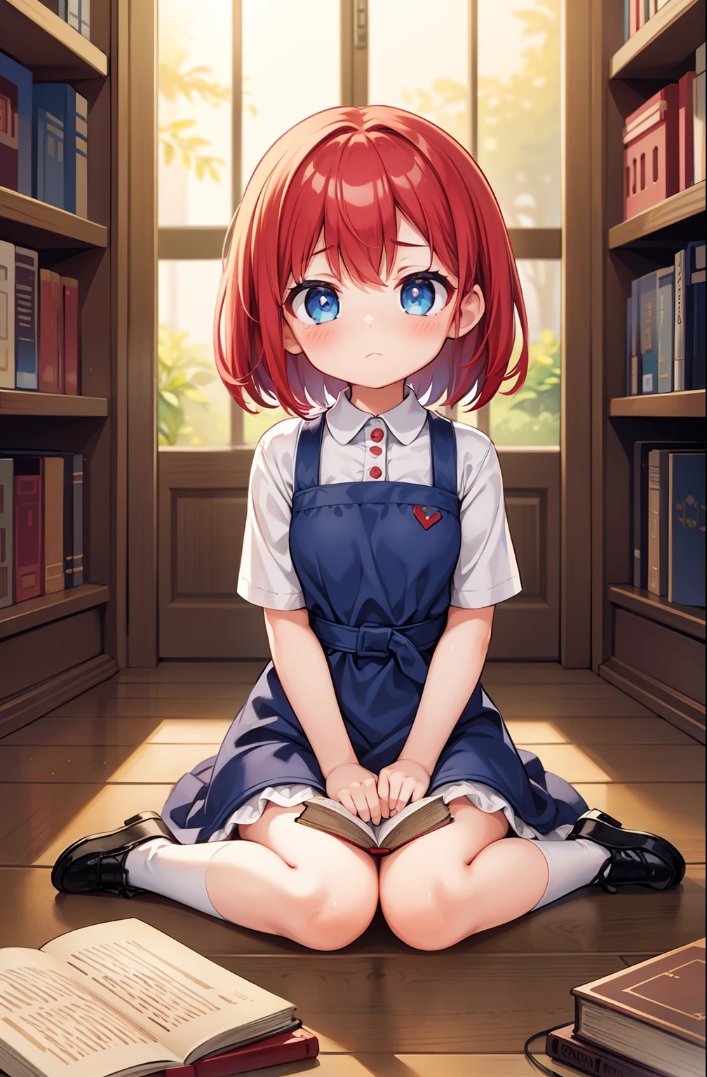 1girl, young girl, red hair, short hair, shoulder-length hair, blue eyes, apron dress, in the big house, in the library, with many books, sitting on the floor, sad, lonely