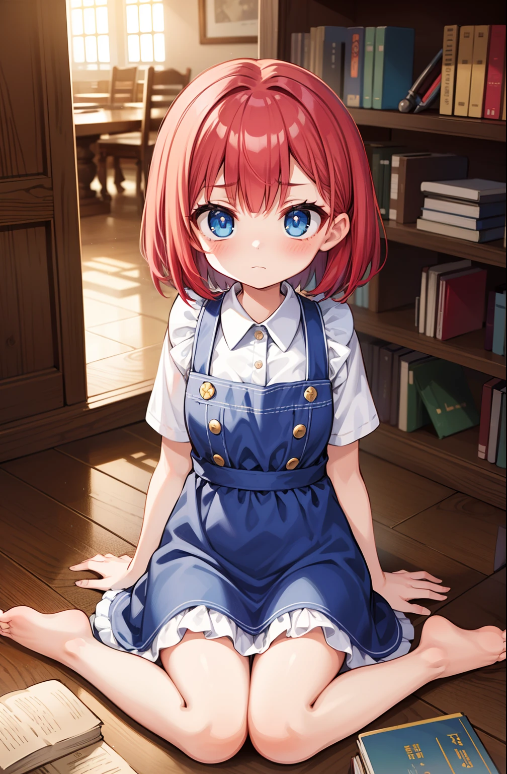 1girl, young girl, red hair, short hair, shoulder-length hair, blue eyes, apron dress, in the big house, in the library, with many books, sitting on the floor, sad, lonely