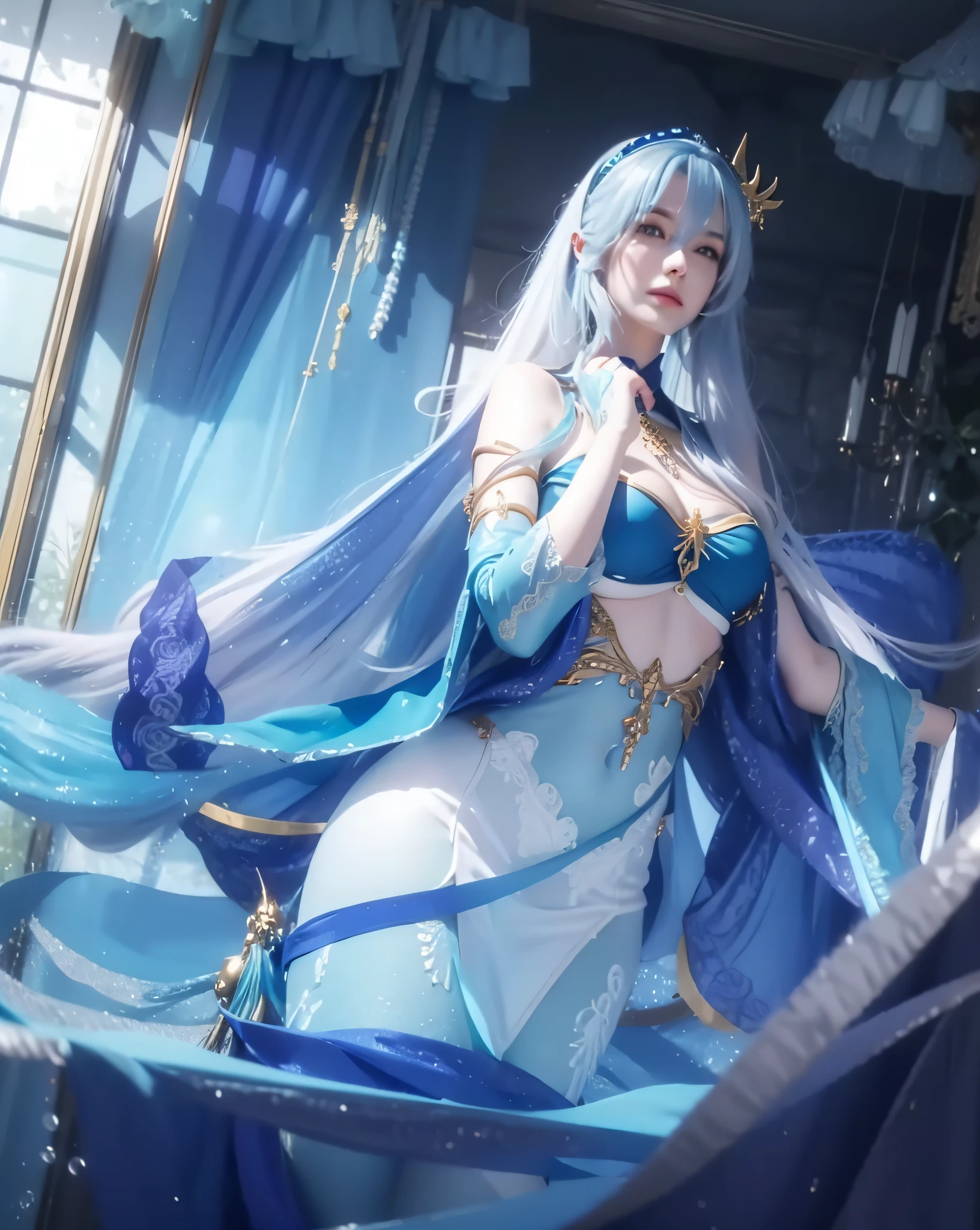 female, white long hair, wearing blue aqua dress elegant with gold line, the stomach is open, blue Mermaid horn headband, photorealistic, masterpiece