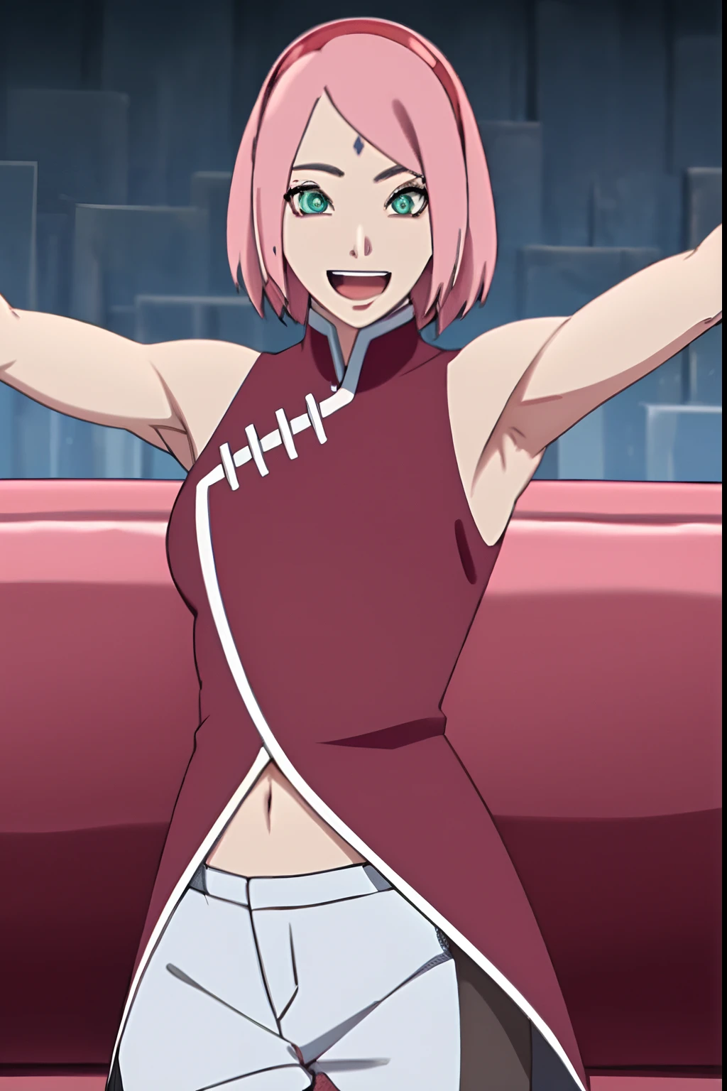 masterpiece, 4k, portrait, cowboy shot, (night), professional artwork, intricate details, colorful, digital blending, (ultra detailed body, ultra detail hair, ultra detail face), trending on pixiv, kind smile, best quality, anime style: 1.9, 1girl, hires, haruno sakura, (forehead mark, milf, red hairband, pale skin, (small breasts), short hair, ((red sleeveless dress,), white pants), ((navel, belly button), slender body, slender belly, bracelet, pink hair, open mouth, big eyes), smile, beach, wind, floating hair, detailed arms, off-shoulders, broad shoulders, ((both armpits , (both) hands spreading to both sides, (symmetrical arms))), fancy couch, relaxing, laying, talking, looking at the viewer, ((showing both armpits, hairy armpits)))