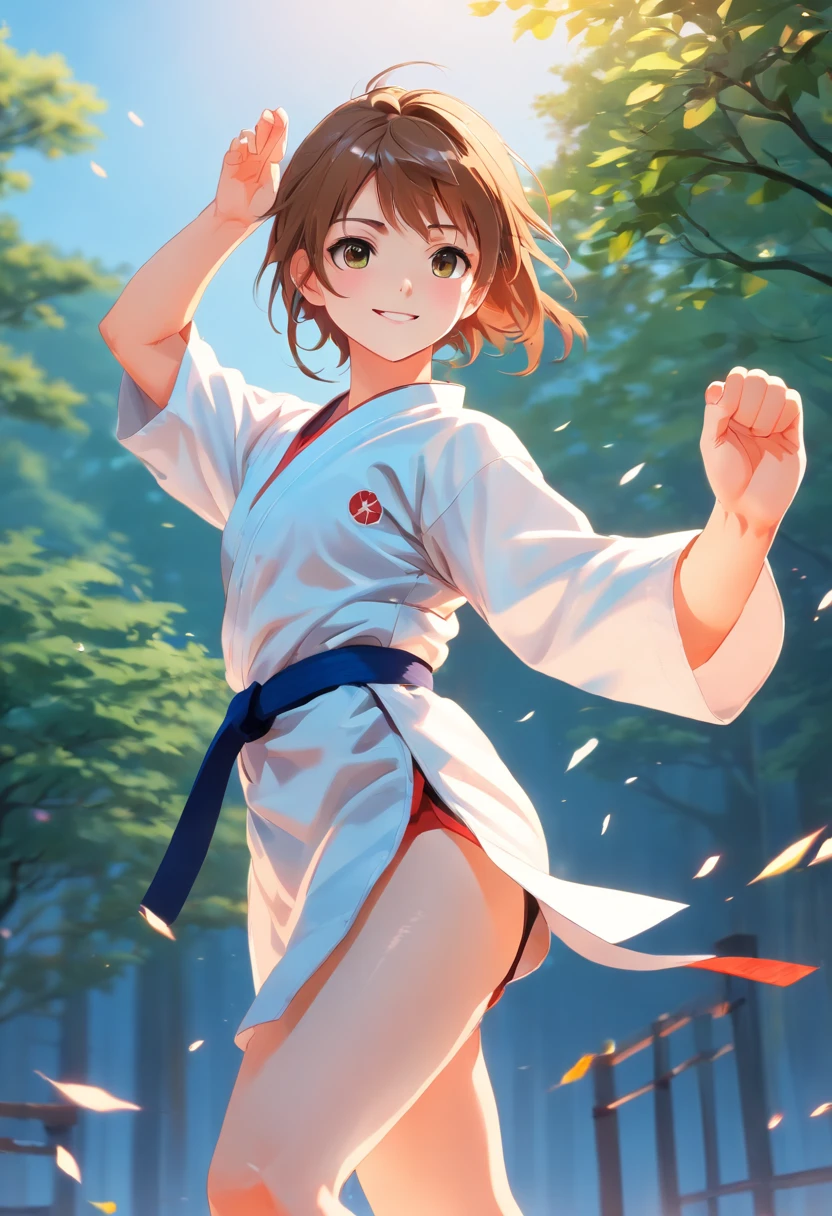 colorful animation stills, Honest portrayal, Whole body(masterpiece:1.3), (8K, hight resolution, a picture, Top image quality: 1.4), (1girl in), ligh brown hair, waved hair, attractive beautiful face, (A smile: 1.15), , Whole body, bare-legged(White Karate Uniform:1.4), Attractive body with soft curvaceous beauty, Bold sexy poses, perfect anatomia, TOKYOcty