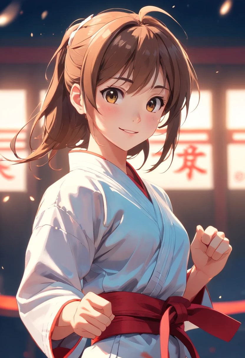 colorful animation stills, Honest portrayal, Whole body(​masterpiece:1.3), (8K, hight resolution, a picture, Top image quality: 1.4), (1girl in), ligh brown hair, waved hair, attractive beautiful face, (A smile: 1.15), 17 age, Whole body, bare-legged(White Karate Uniform:1.4), Attractive body with soft curvaceous beauty, Bold sexy poses, perfect anatomia, TOKYOcty