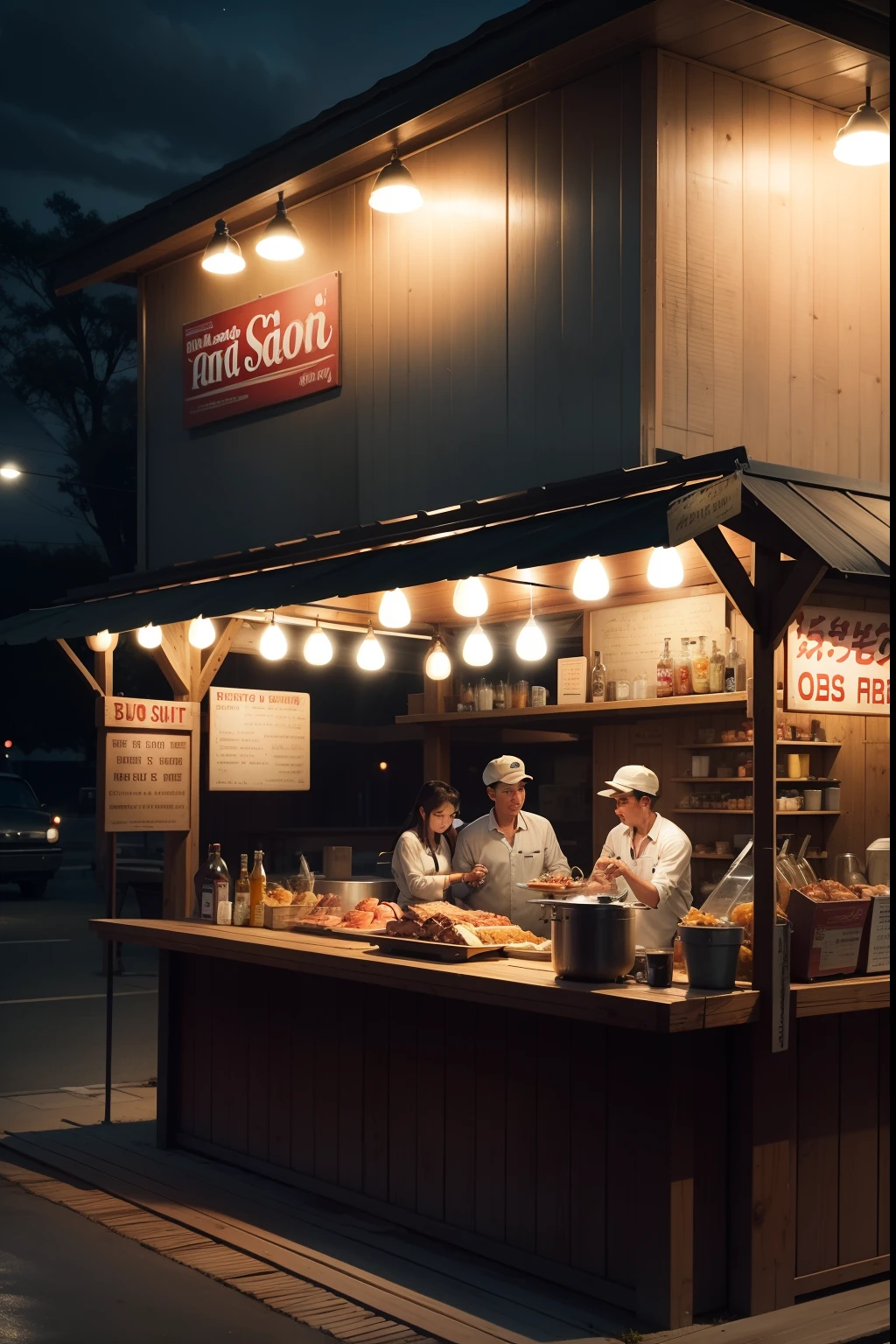 BBQ stand,the night,dimly lit