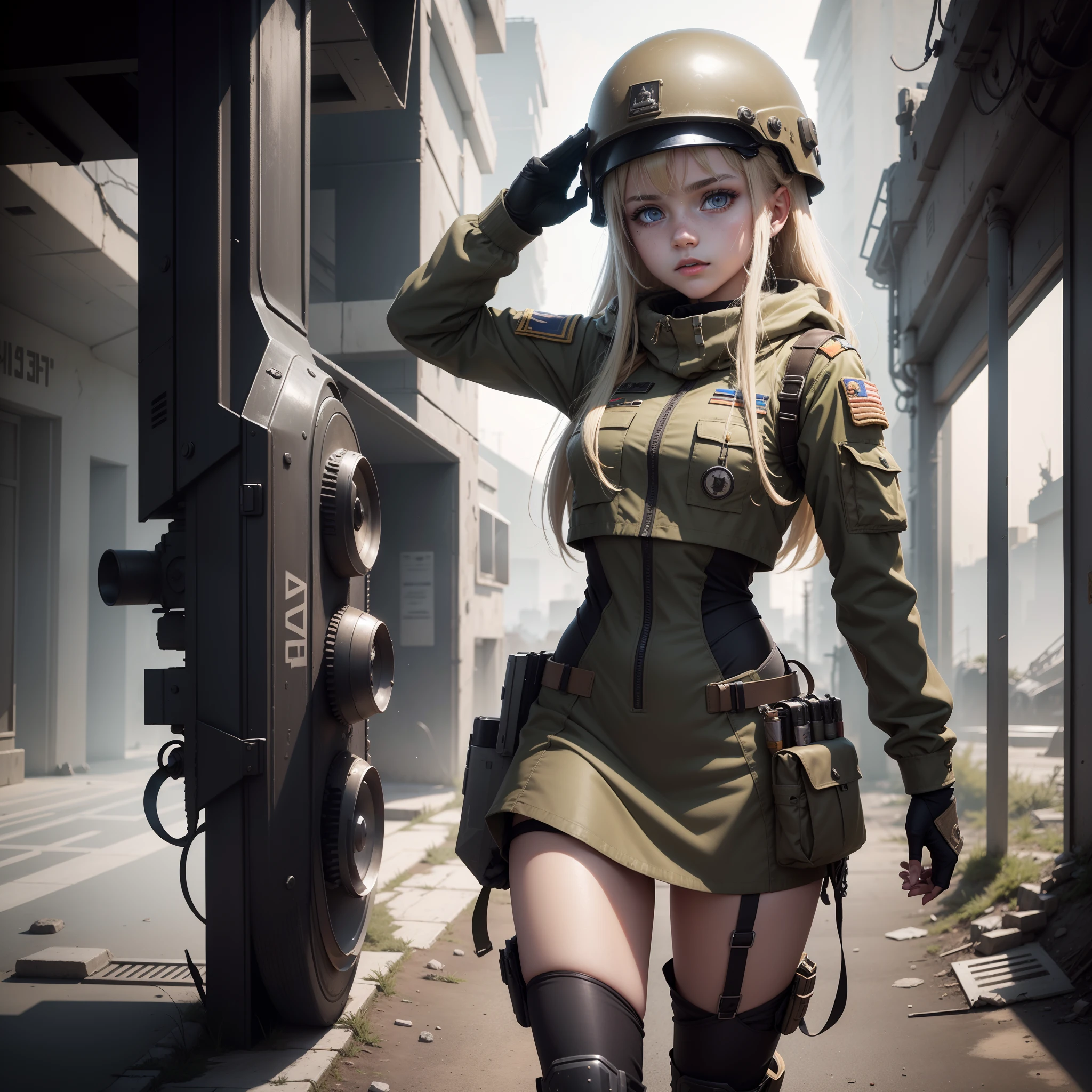 ukrainian girl , Ukrainian anime girls , , Ukraine , Full body composition of young girl with messy bright blonde hair,eye make up, 14 year old, Soft lighting, Solo, Old torn dirty shabby futuristic military uniform, badges, Pose, Blotch color, Octane Render, Hyperrealistic intricate detail, Cinematic, 8K resolution, 70mm, Accent Lighting, Global Illumination, Full body portrait, clean detailed faces, intricate clothing, Cute face, flat chest, Slim waist, Slim legs, small hips,Wearing a beret,Special Forces Clothing,crouching down