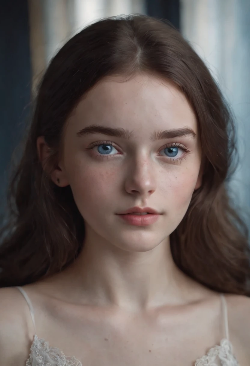 a teen girl with Russian features, white skin with freckles on her face, black and wavy hair. with deep blue eyes.,8k.full body  (Super realista) (cinematografico) (8k)